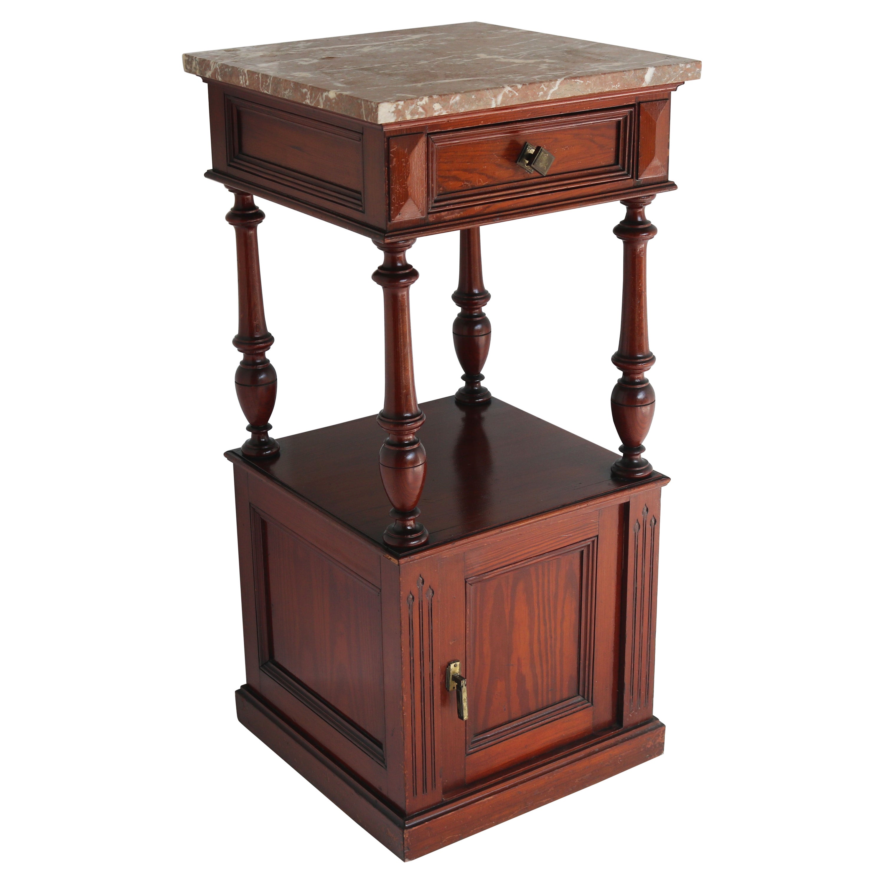 Antique French Night Stand / Bedside Table Pitchpine Red Belgian Marble Top 1900 For Sale