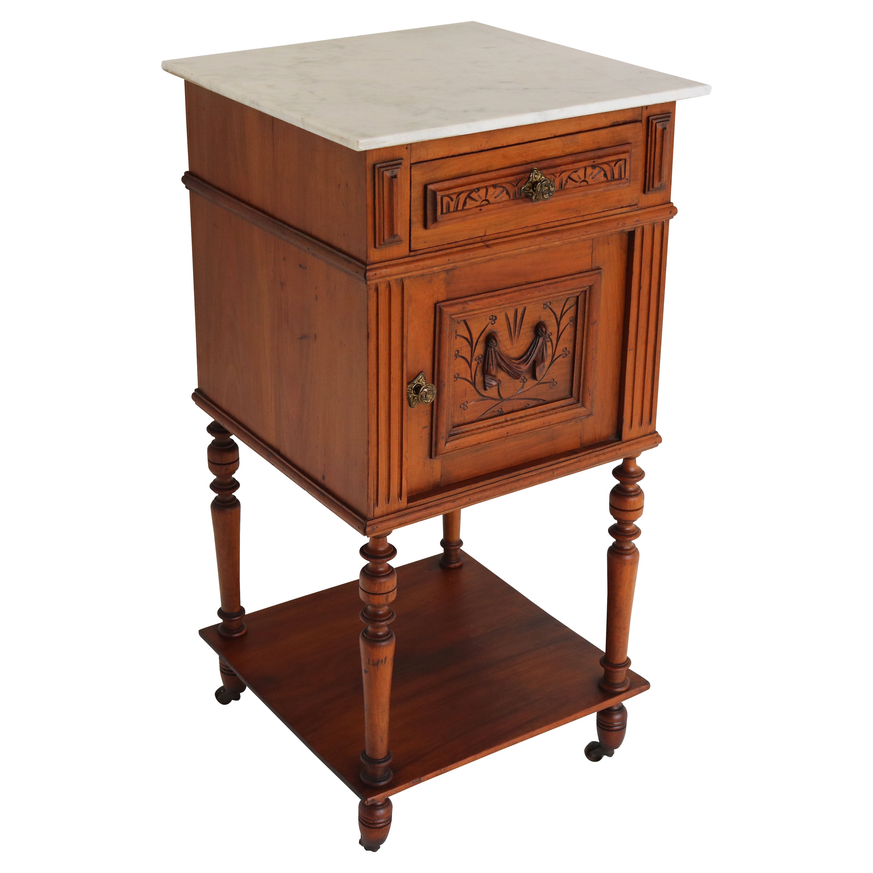 Antique Night Stand / Bedside Table 19th Century Fruitwood & Carrara Marble Top For Sale