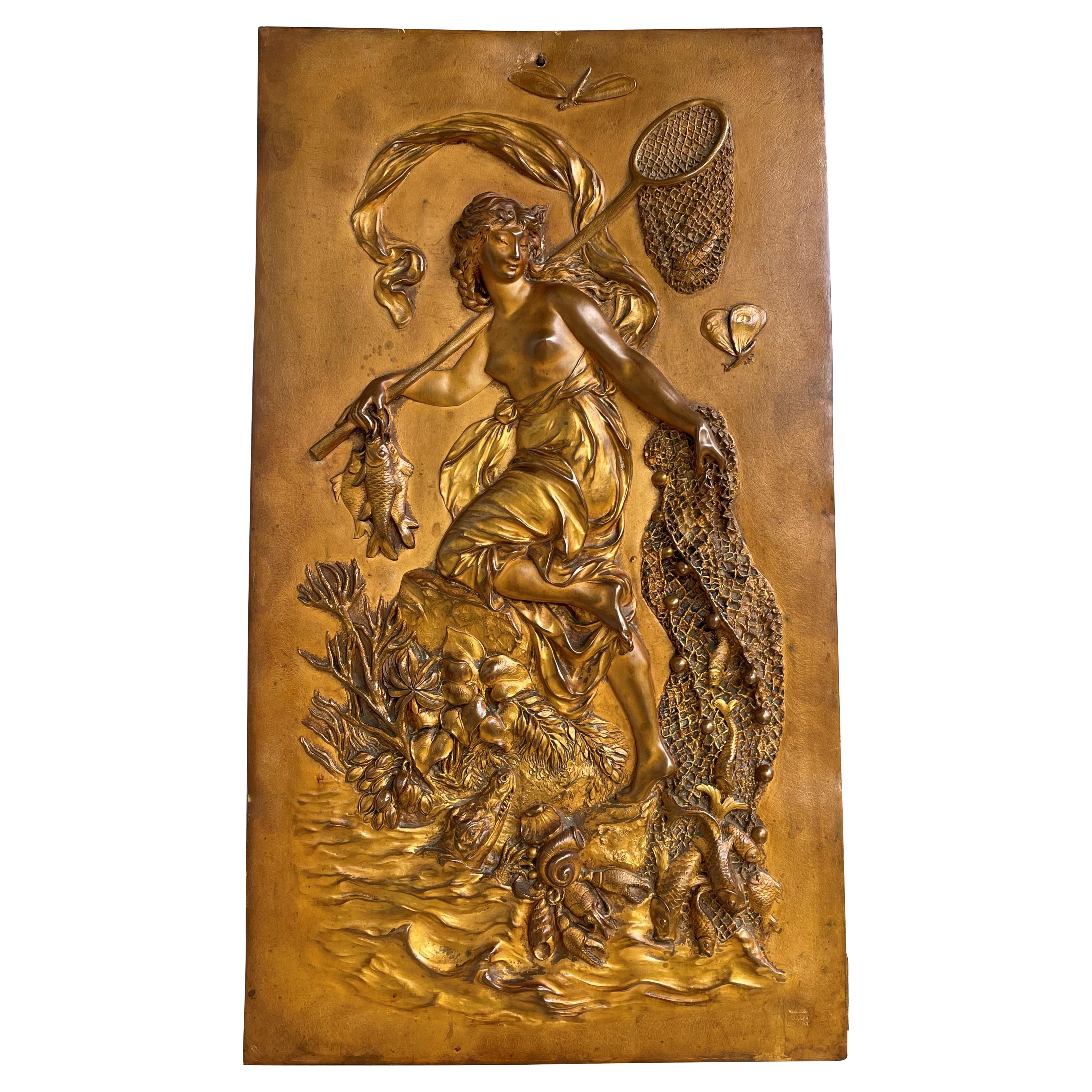 Stunning Antique, Cast & Gilt Copper Plaque Depict, Goddess of Fishing Leucothea