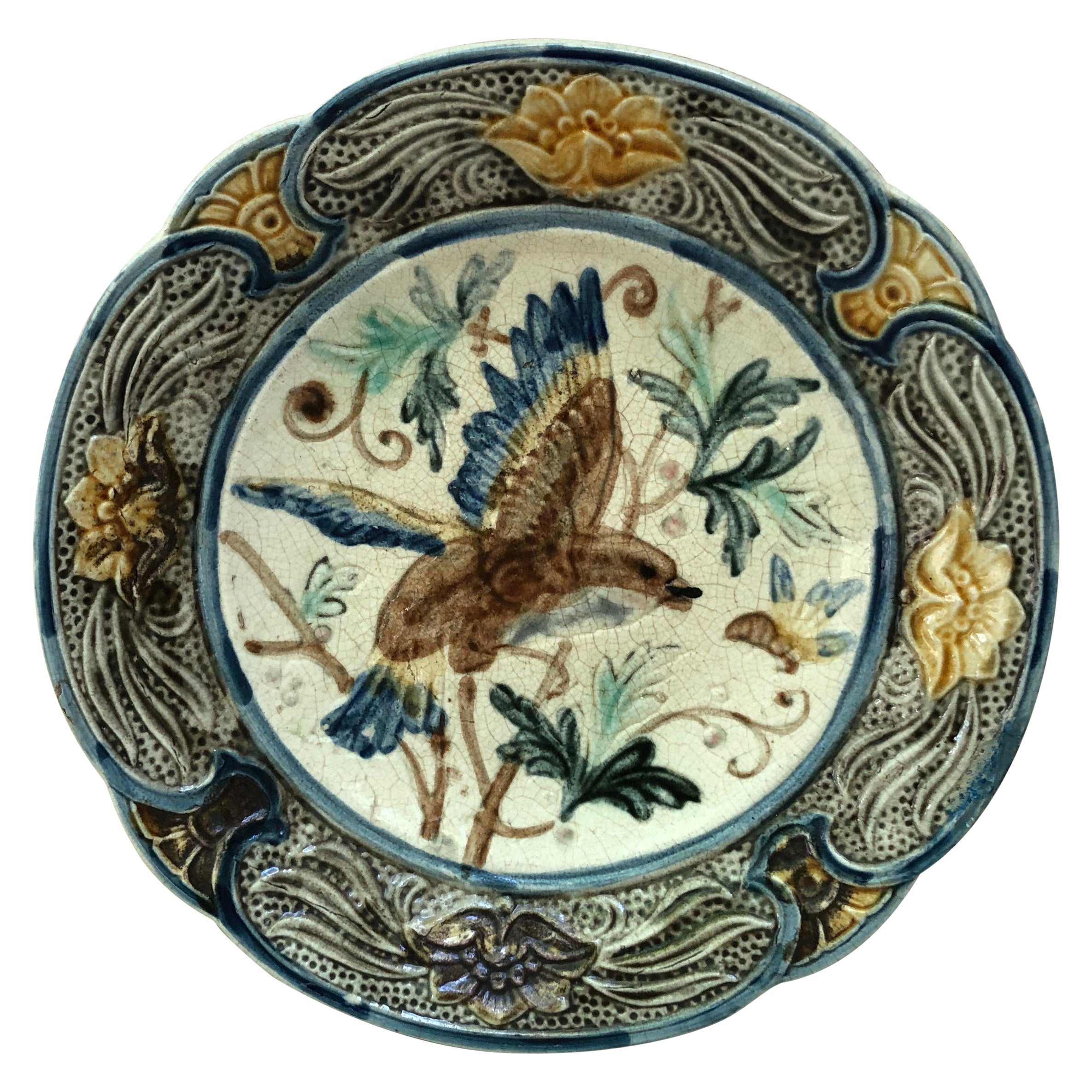 Majolica Bird & Insect Plate Wasmuel, Circa 1890