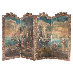 Paravent français néoclassique en toile peinte à quatre panneaux - Scène de port, 19ème siècle