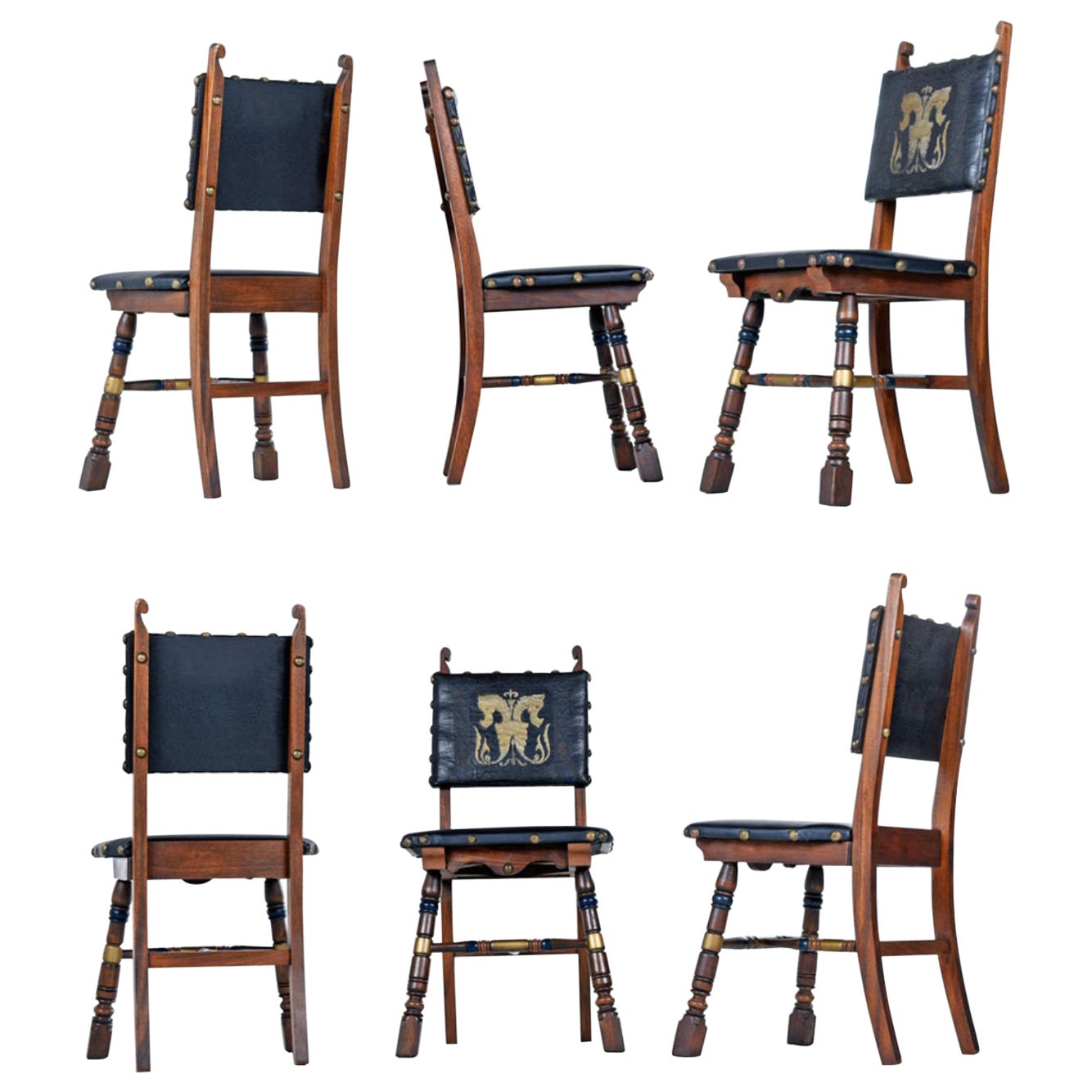 Gothic Revival Style Dragon Motif Brass and Leather Mahogany Oak Chairs