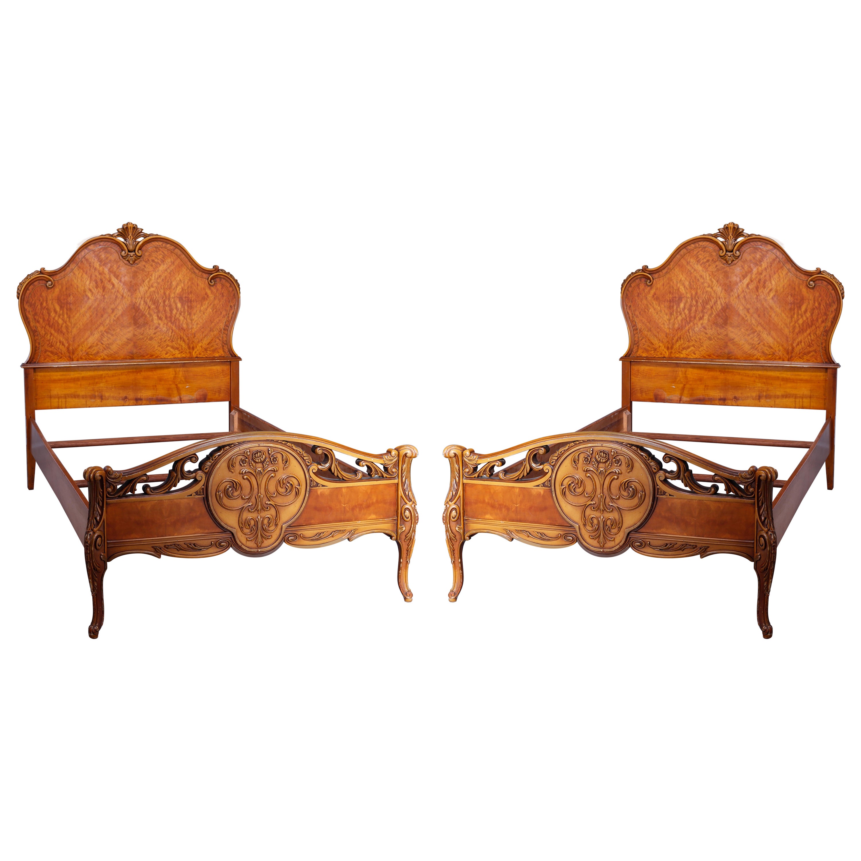 Antique Pair French Style Carved Satinwood Twin Bed Frames, Circa 1920