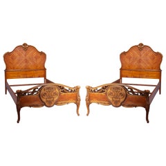 Antique Pair French Style Carved Satinwood Twin Bed Frames, Circa 1920