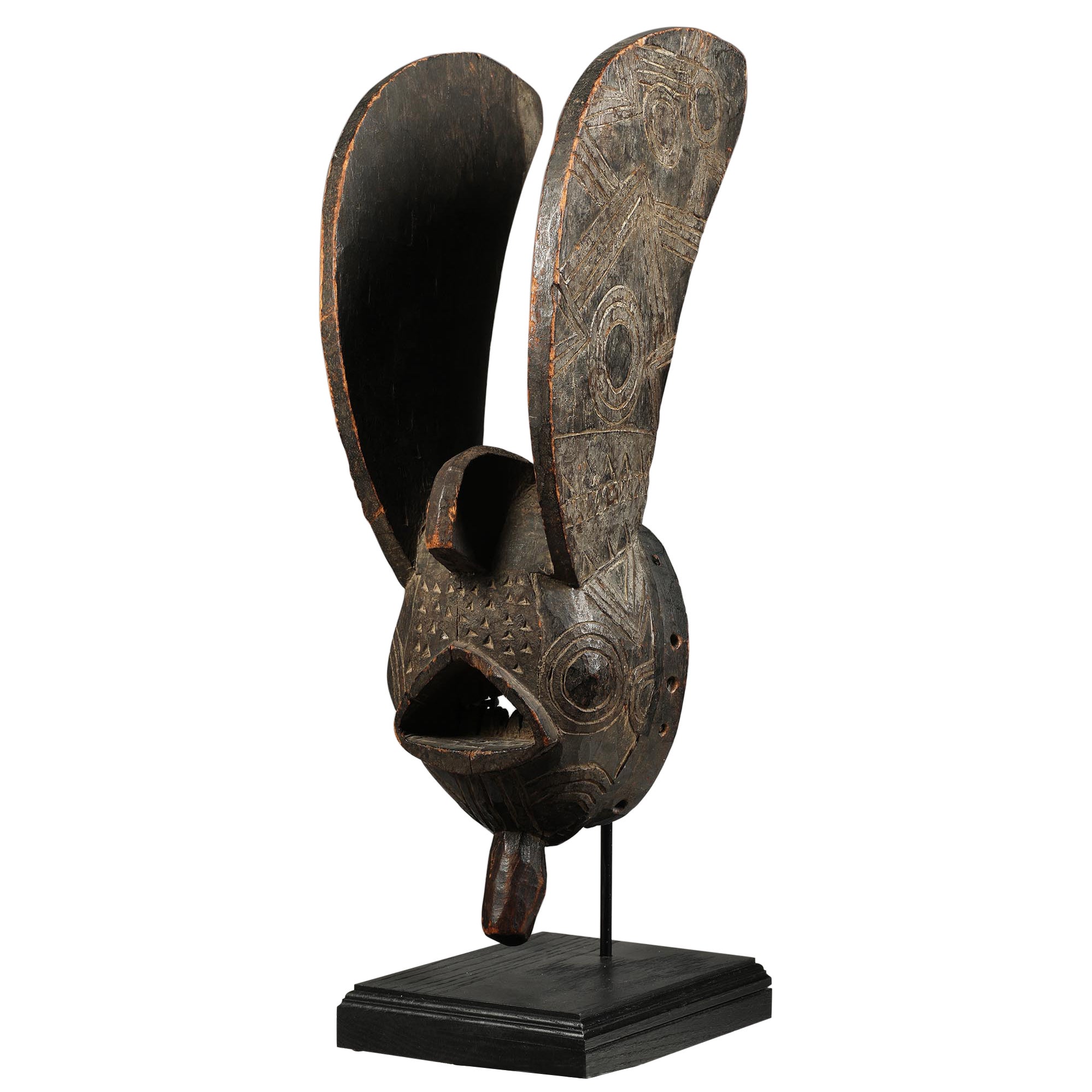 Early Bwa Bird Animal Mask with Curved Wings, on Custom Base, Black Surface