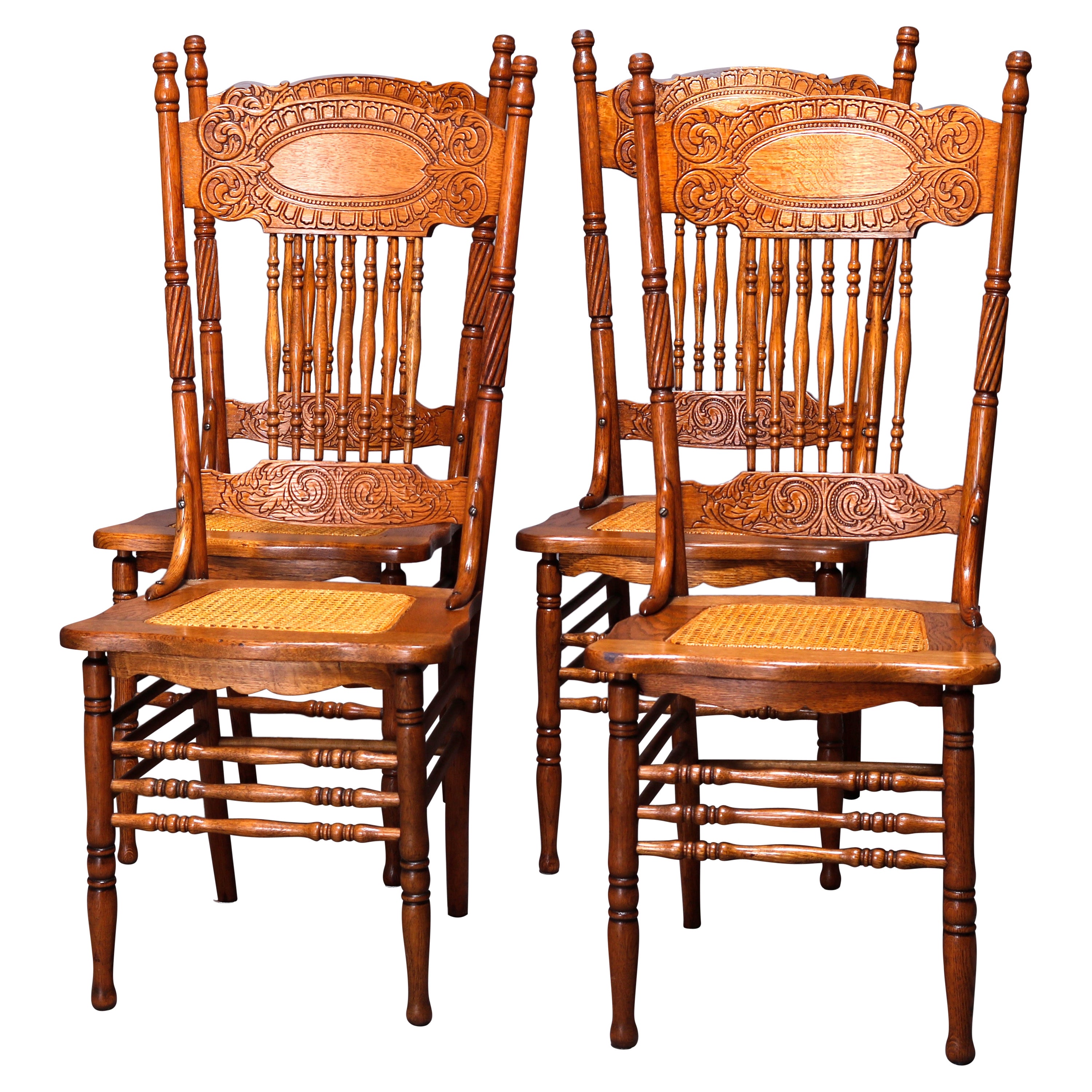 Four Antique Larkin No. 1 Double Pressed Back Oak Dining Chairs, c1910