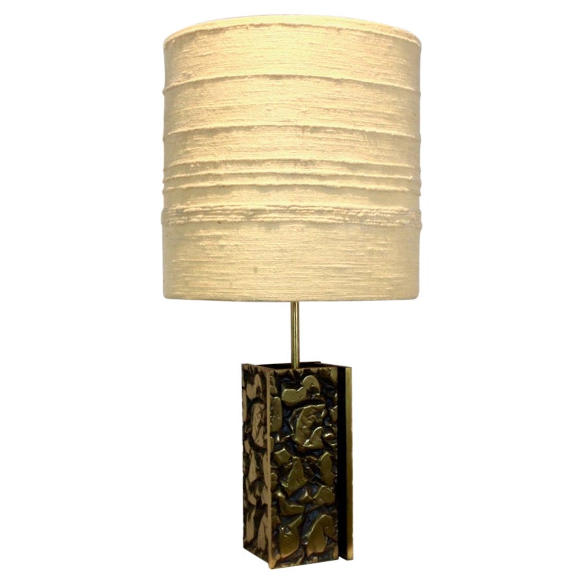 Brutalist Metal Sculptured Table Lamp with Raw Woolen Structured Shade