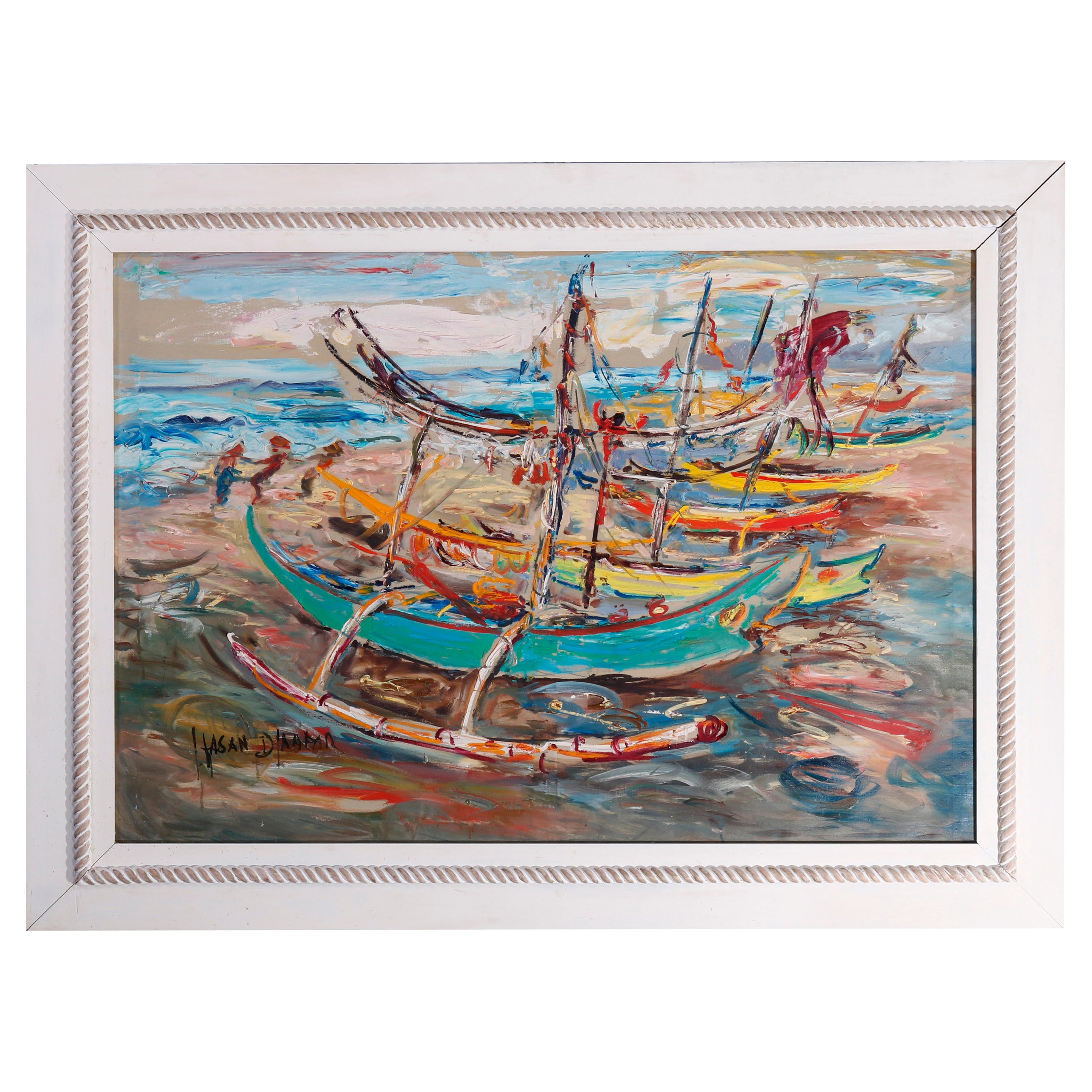 Large Haitian Impressionistic Oil on Canvas Boat Harbor by Has An Djaafar, c1940