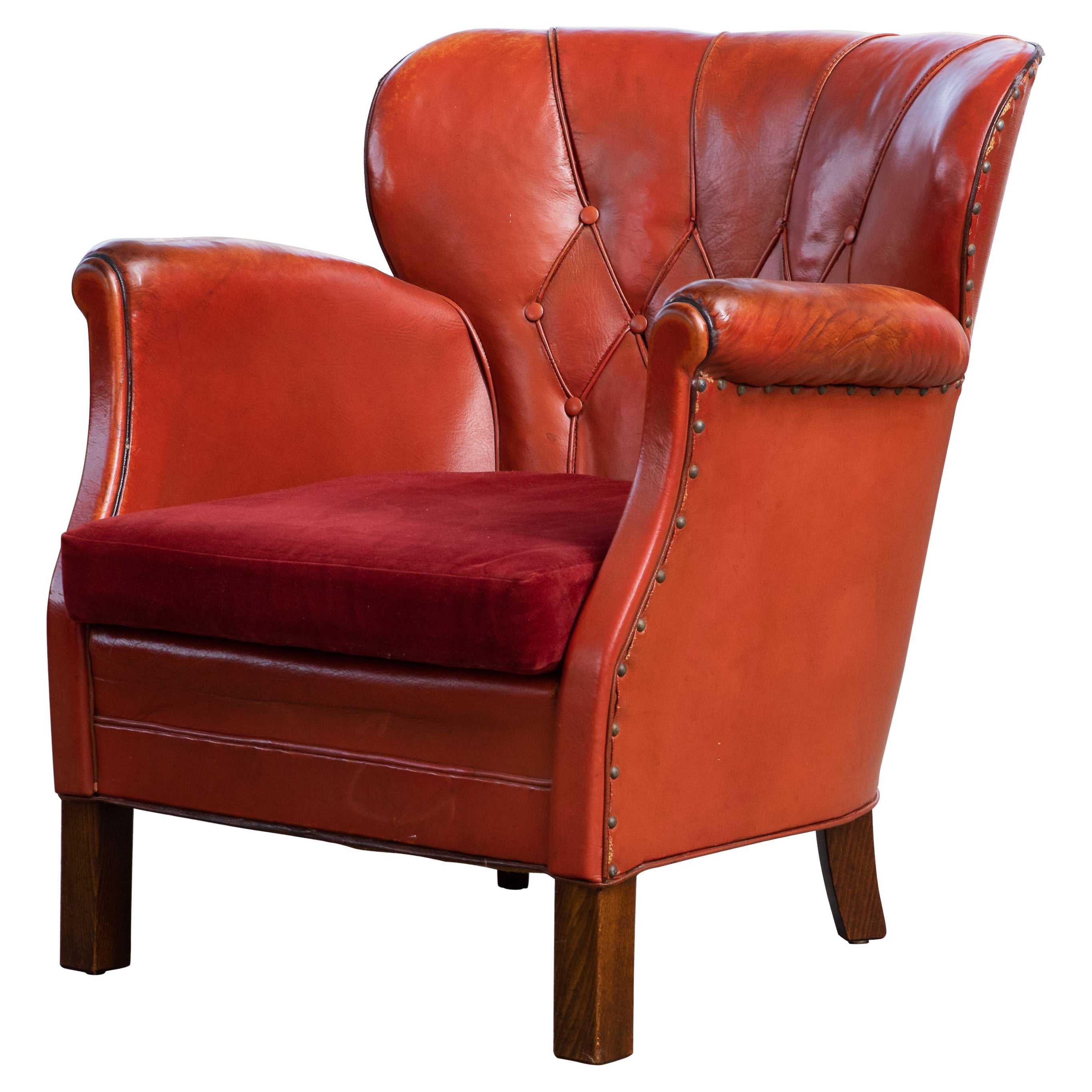 Danish Mid-Century 1930-40s Club Chair in Red Leather by Oskar Hansen