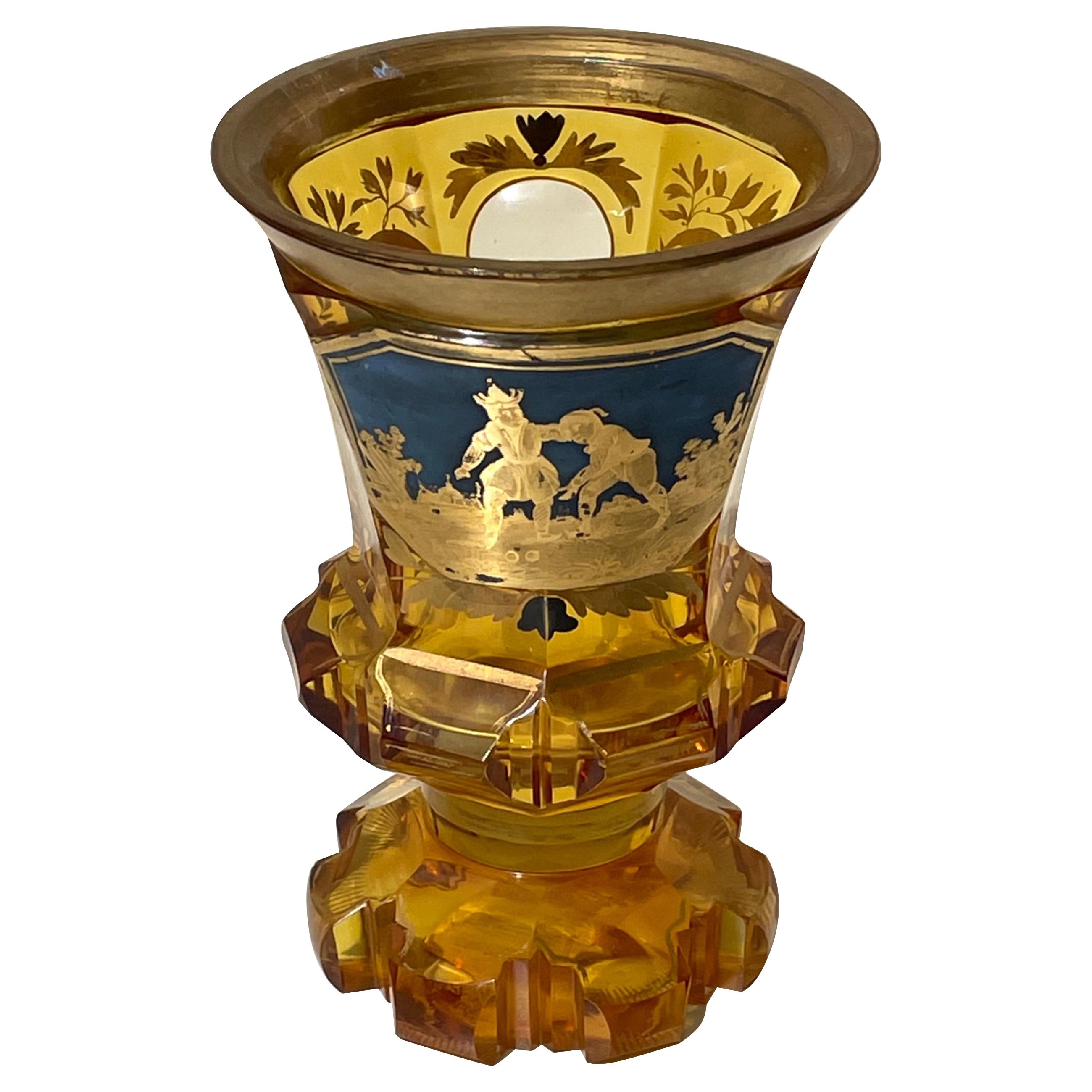 19th Century Gold Gilded Bohemian Amber Glass Enamel Cut Goblet