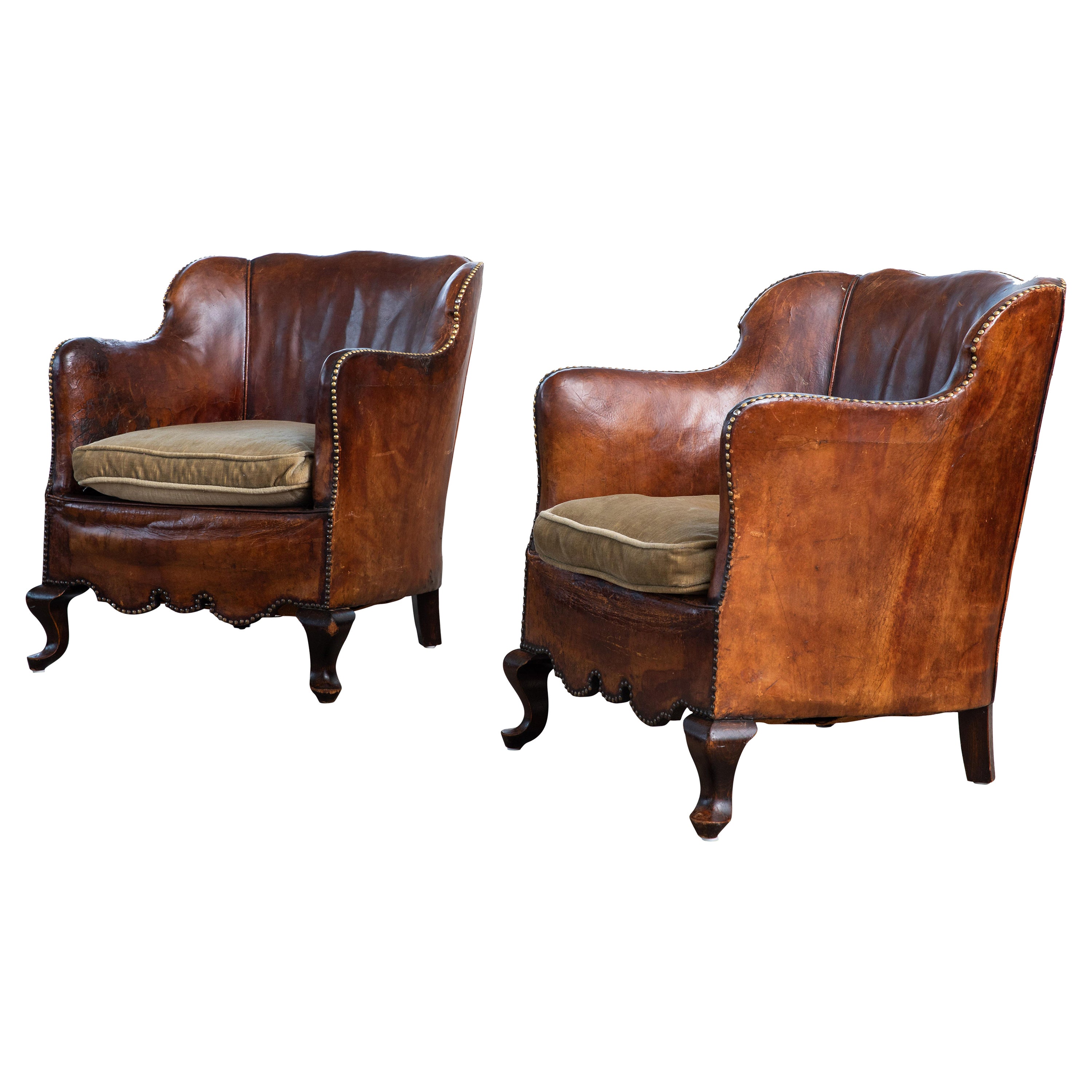 Pair of Classic Danish Club or Library Chairs in Cognac Color Patinated Leather