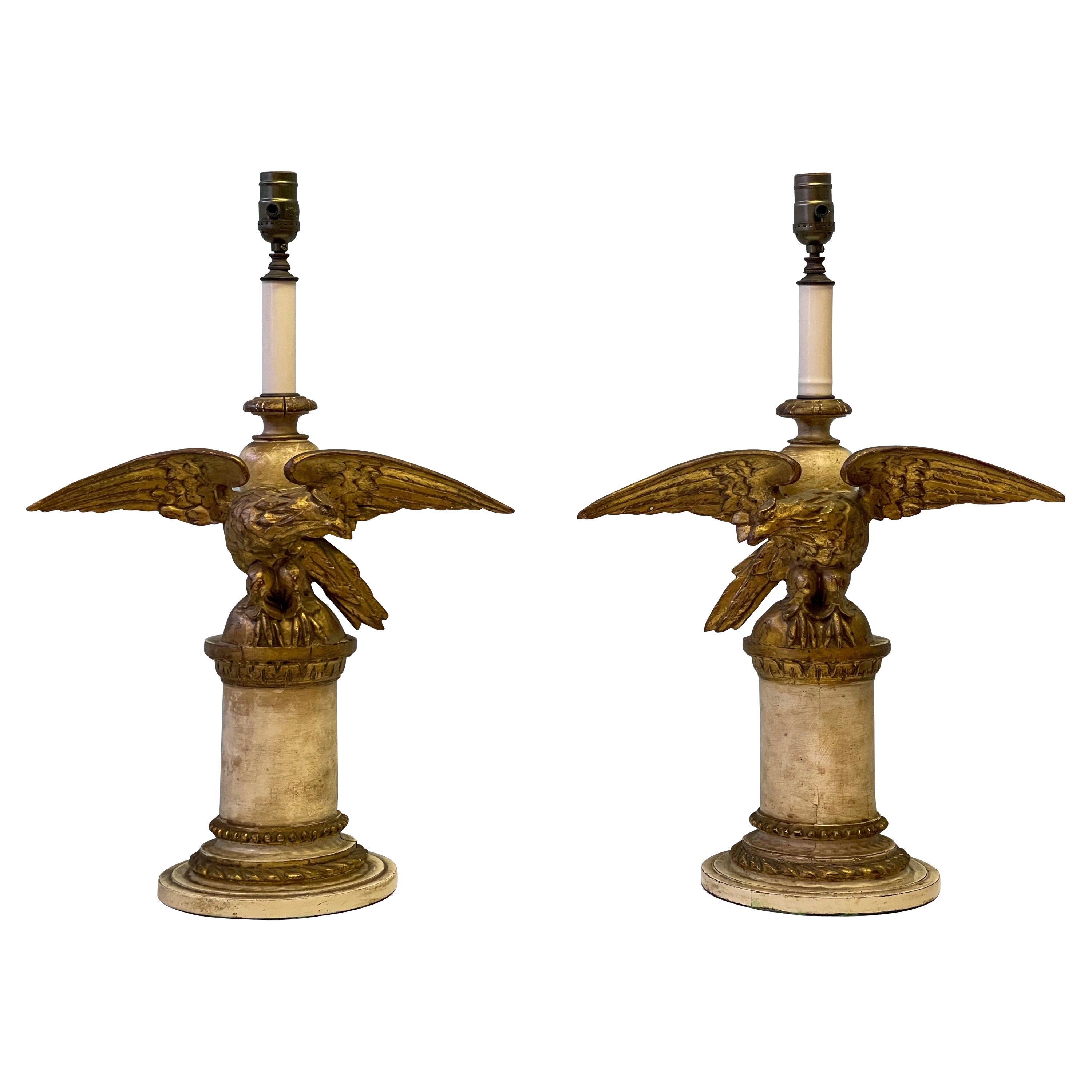1950s Neo-Classical Style Carved Giltwood Italian Eagle Table Lamps, a Pair