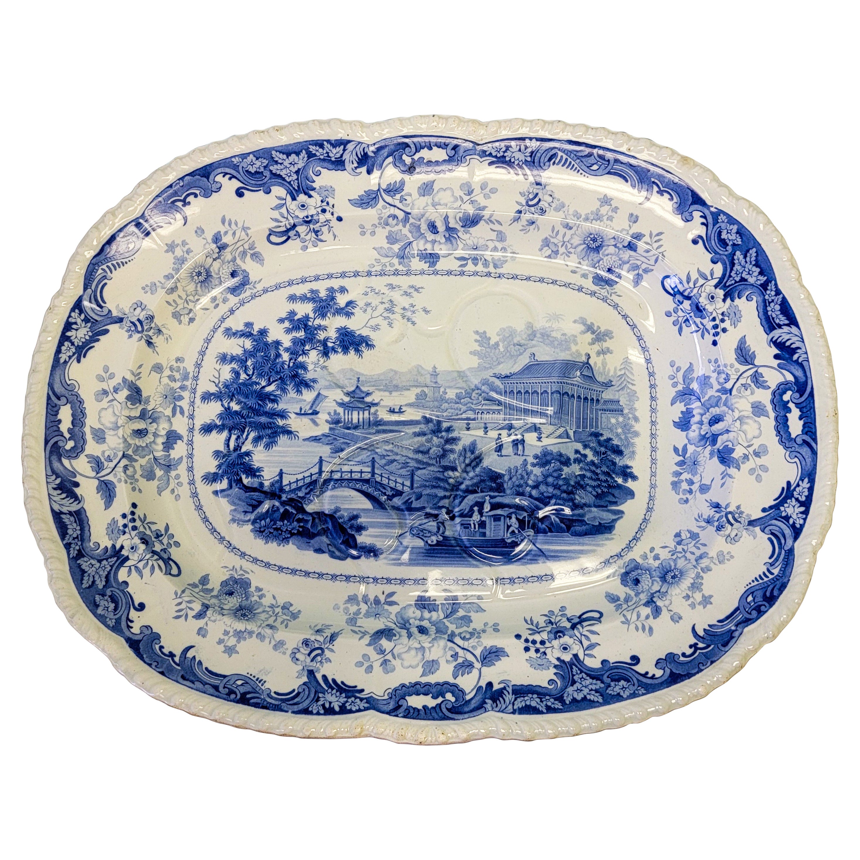 19th-C. Minton Chinese Marine Opaque Blue and White Transferware Platter