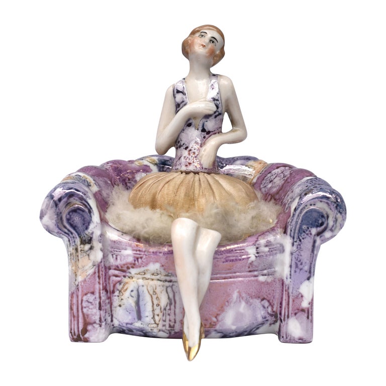 Flapper Ceramic Rare Art Deco Ceramic Flapper Powder Puff Stand, Circa 1930 at 1stDibs