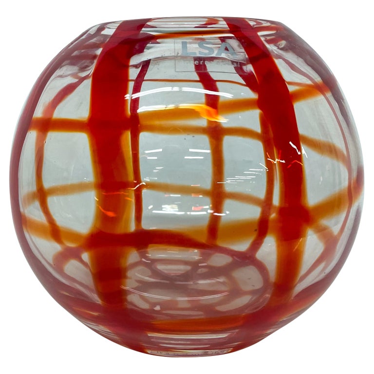 LSA International Art Glass Vase Bold Red Lines Handcrafted Mouth Blown