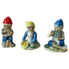 Dutch Blue Gnome Elf Trio Tiny Porcelain Bearded Figurines Made in Holland 1950s