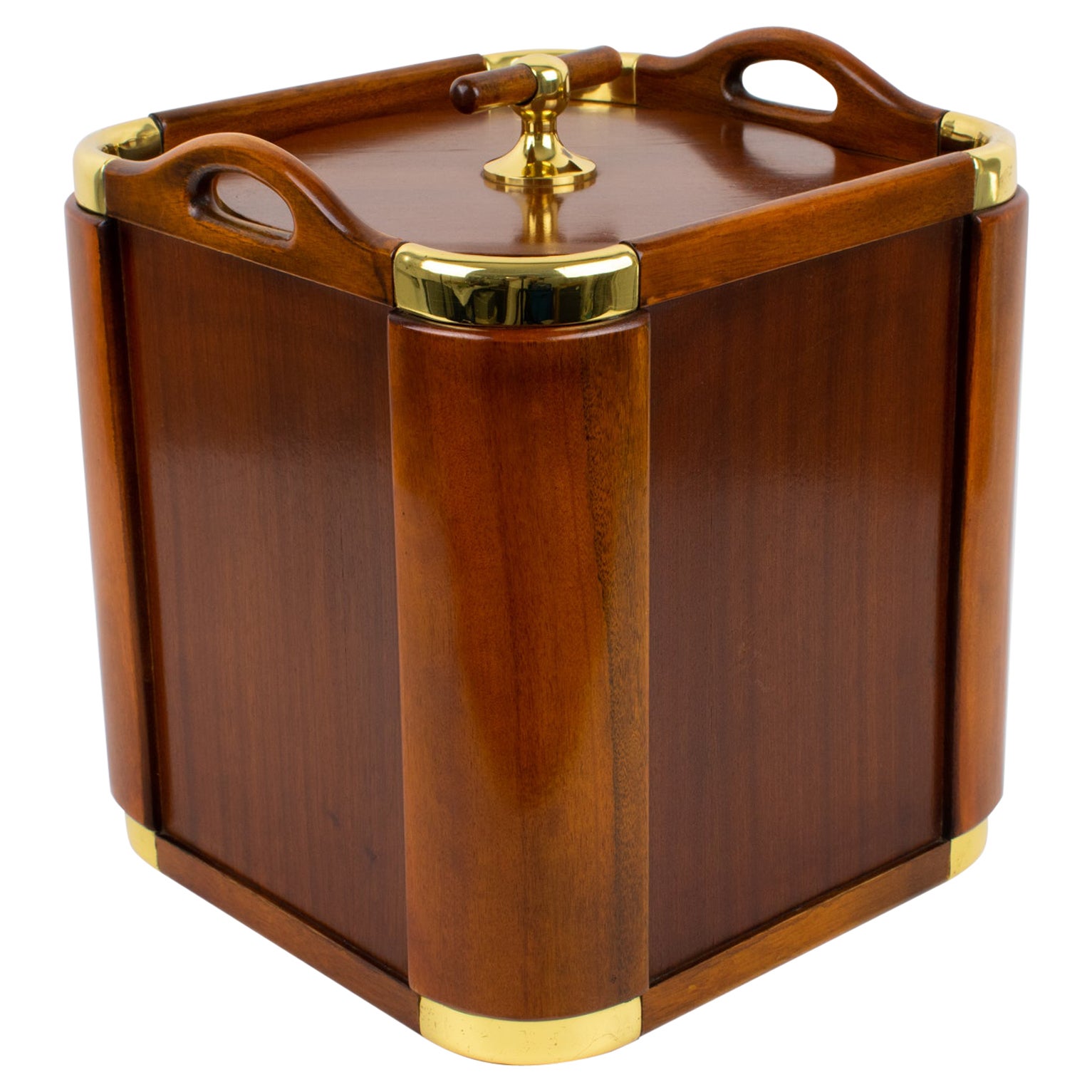 Valenti Spain 1960s Modernist Wood and Brass Ice Bucket Champagne Cooler