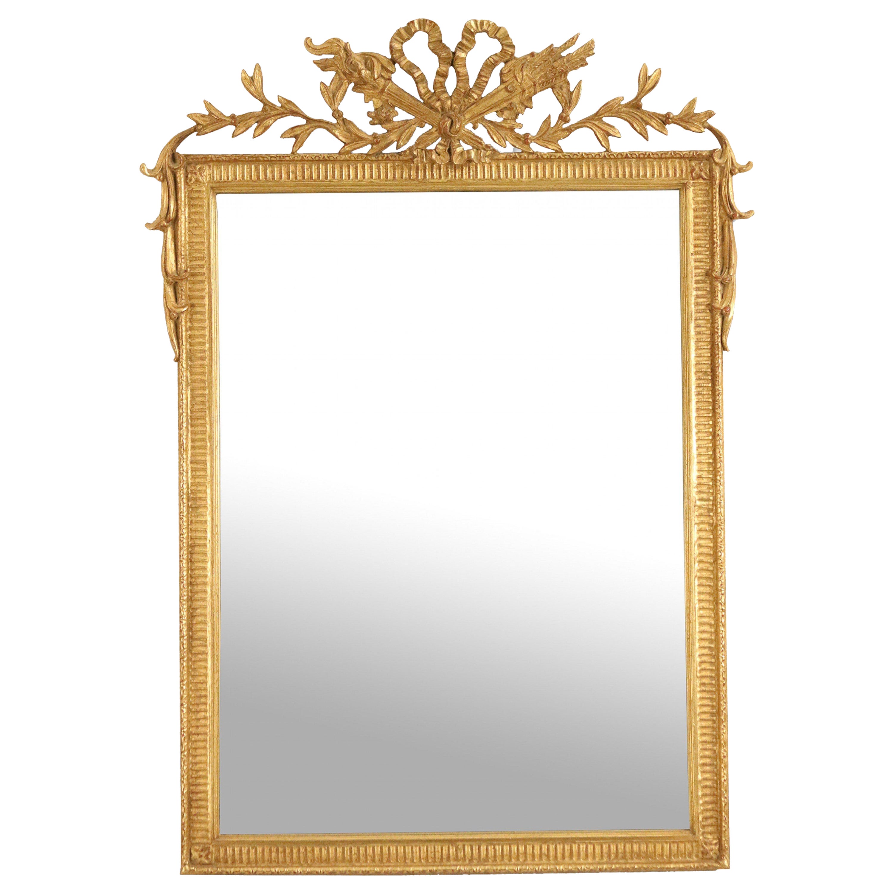 French Louis XVI Style Bow Knot Pediment Giltwood Wall Mirror For Sale