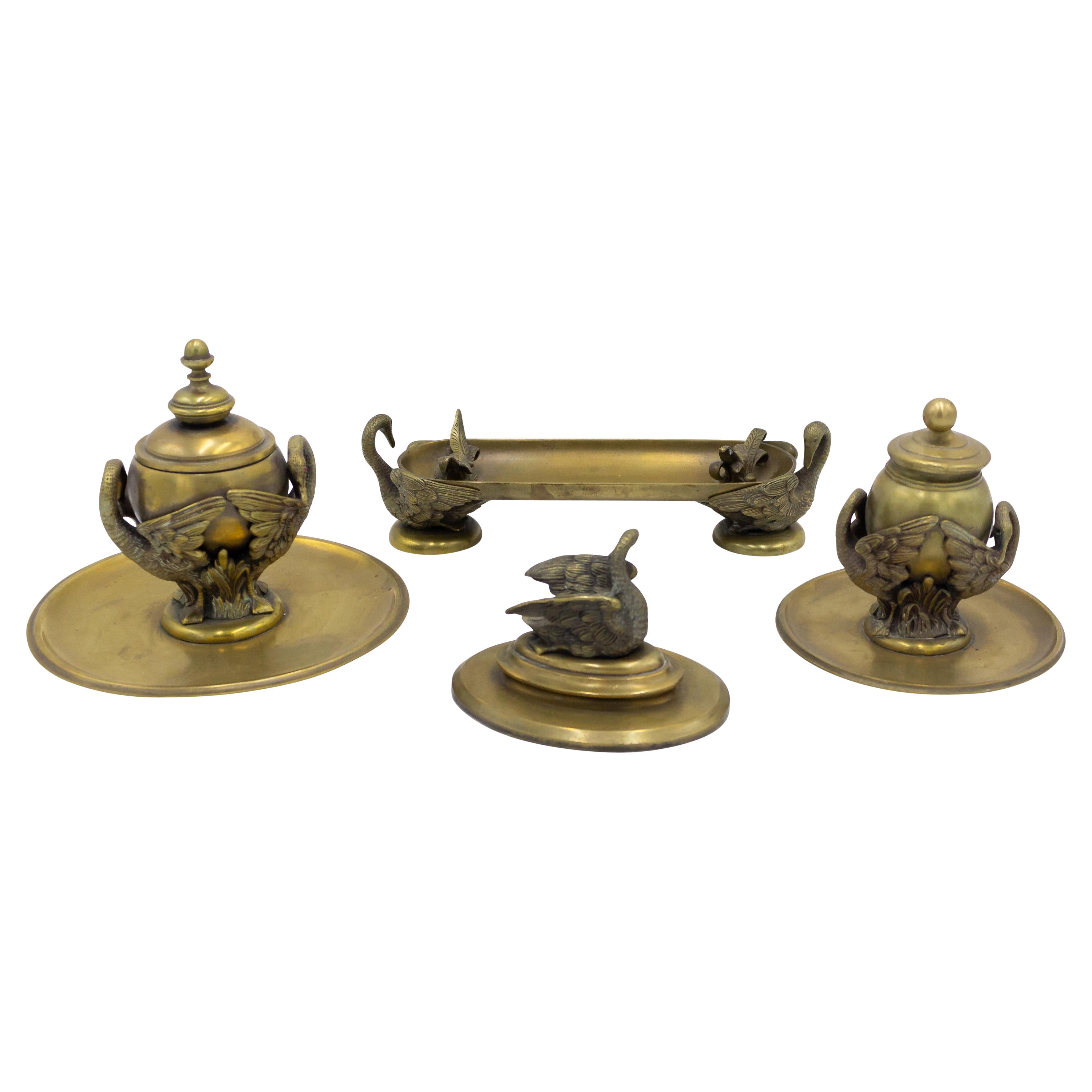 4-Piece French Empire Bronze Inkwell Set with Swan