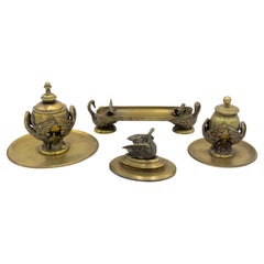 Antique 4-Piece French Empire Bronze Inkwell Set with Swan