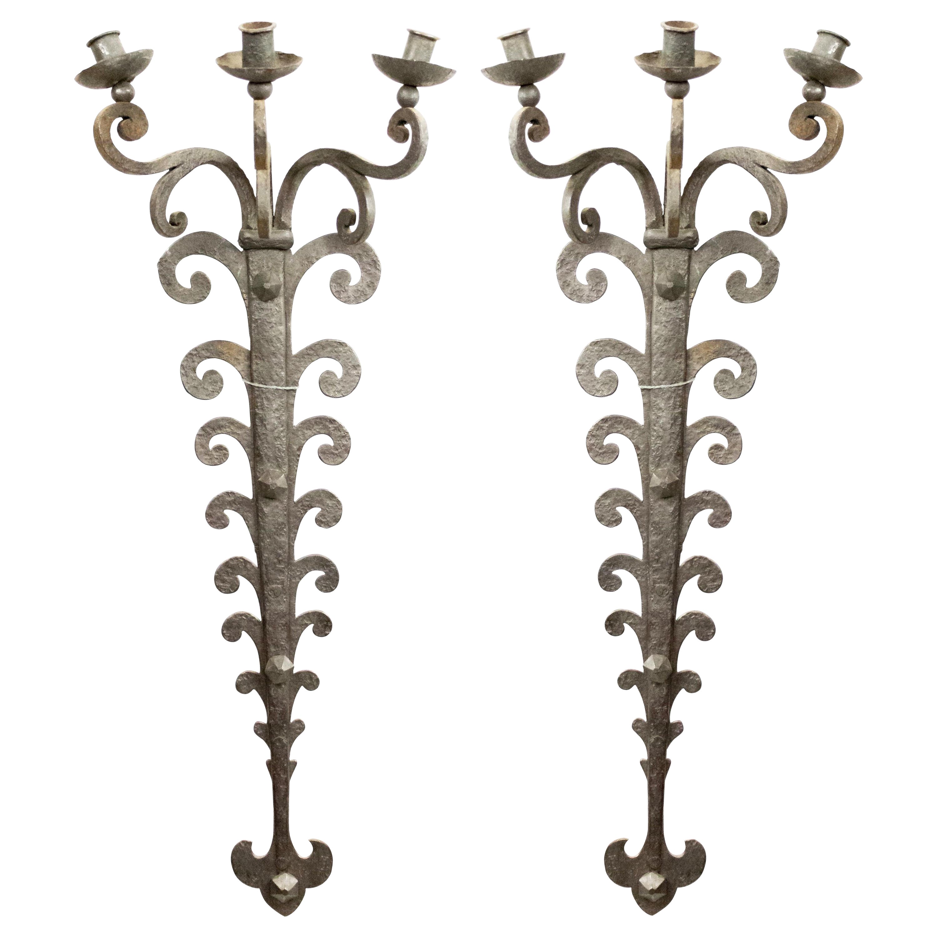 Pair of Italian Renaissance Style Wrought Iron Wall Sconces For Sale