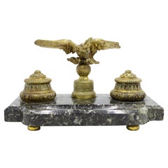 Antique French Empire Style Bronze Double Inkwell With Eagle