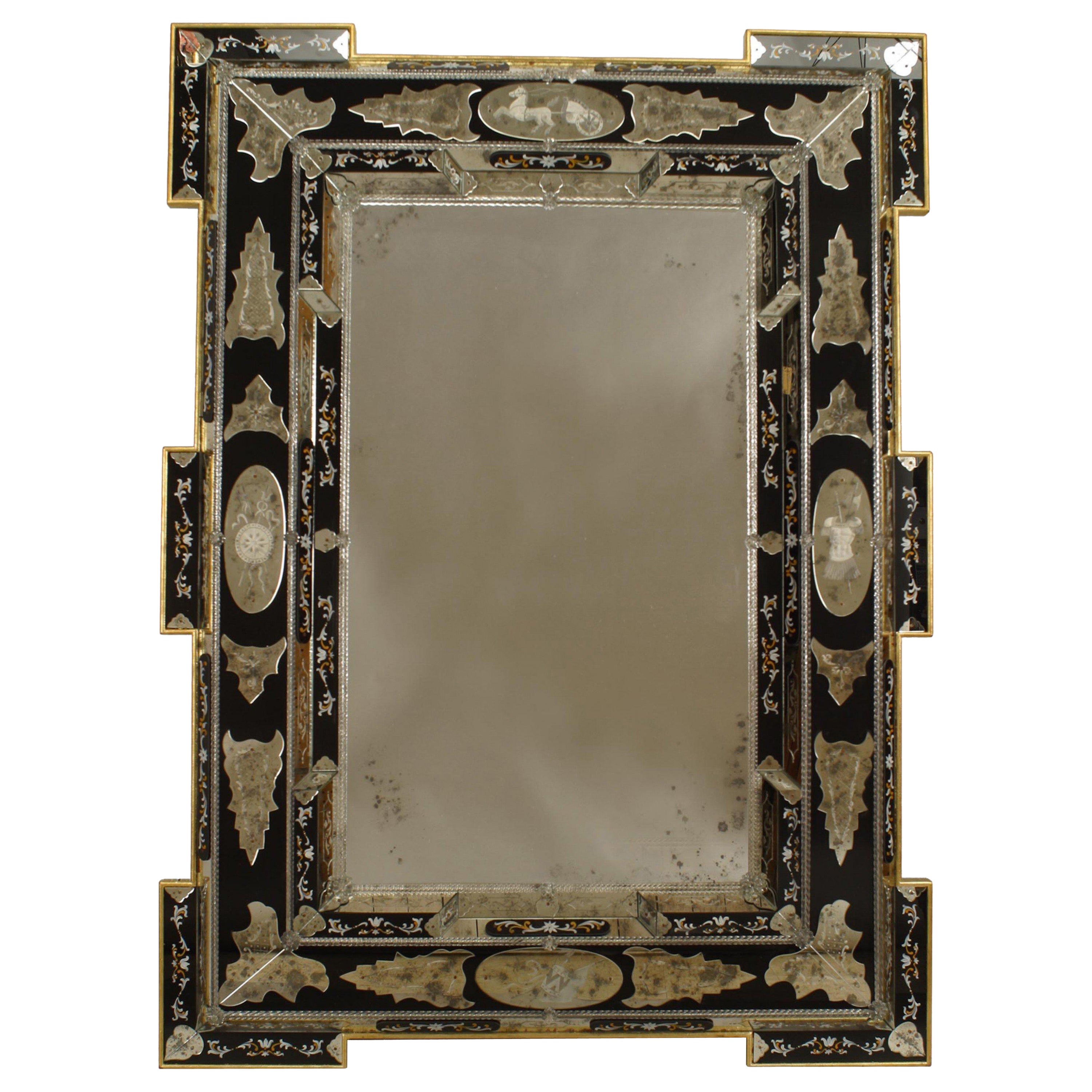 Italian Venetian Neoclassic Etched Blue Glass Wall Mirrors For Sale