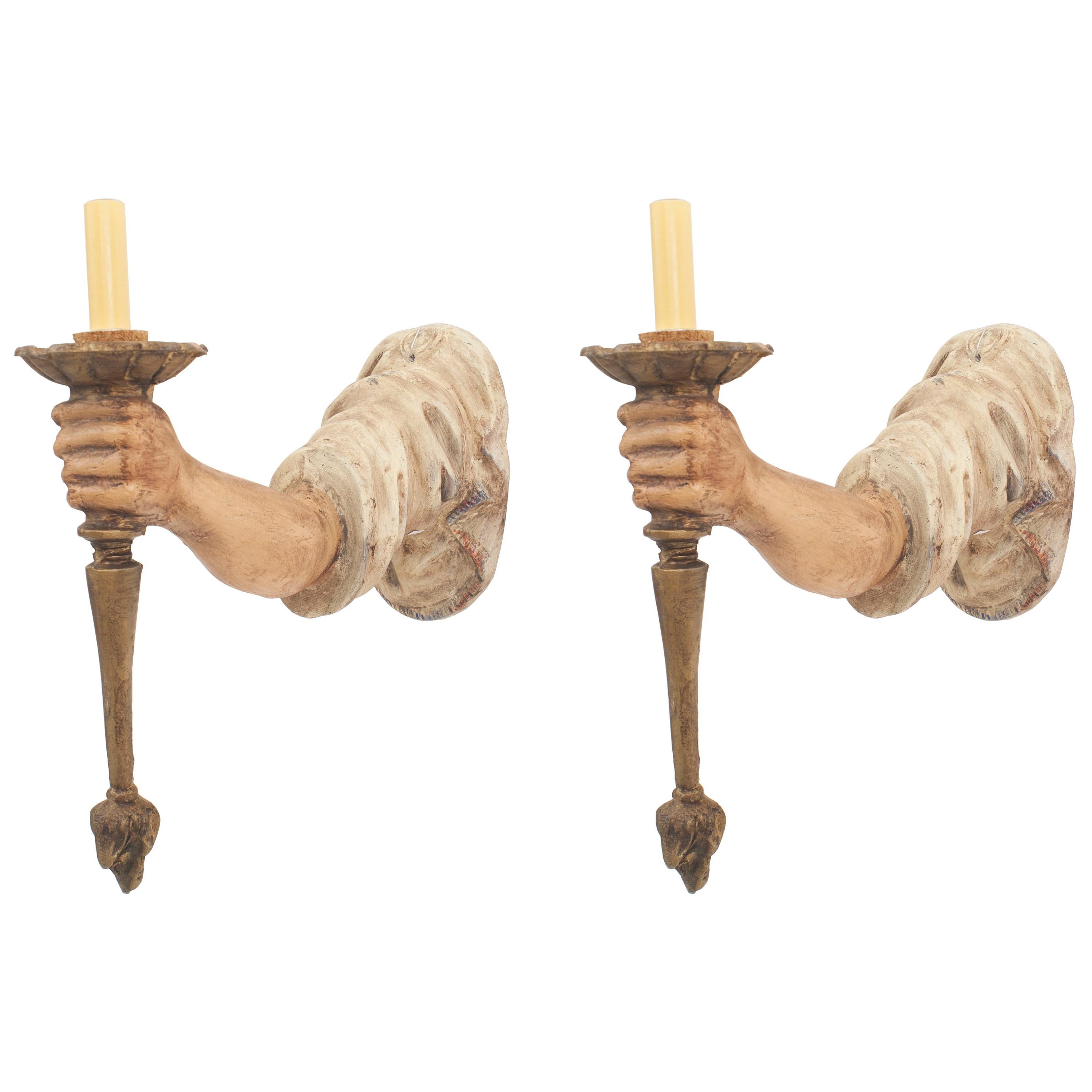Pair of Italian Venetian Style Tole Metal Arm Shaped Wall Sconces For Sale
