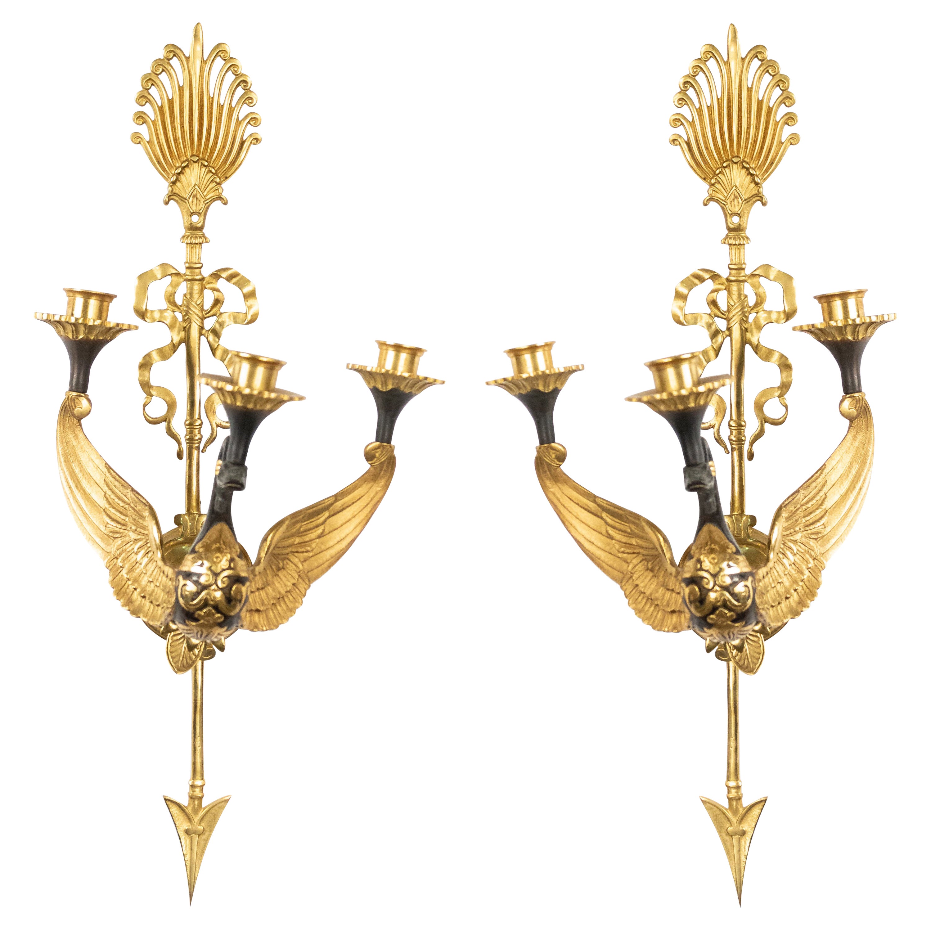 Four Russian Neoclassic Style Ormolu and Bronze Swan Wall Sconces For Sale