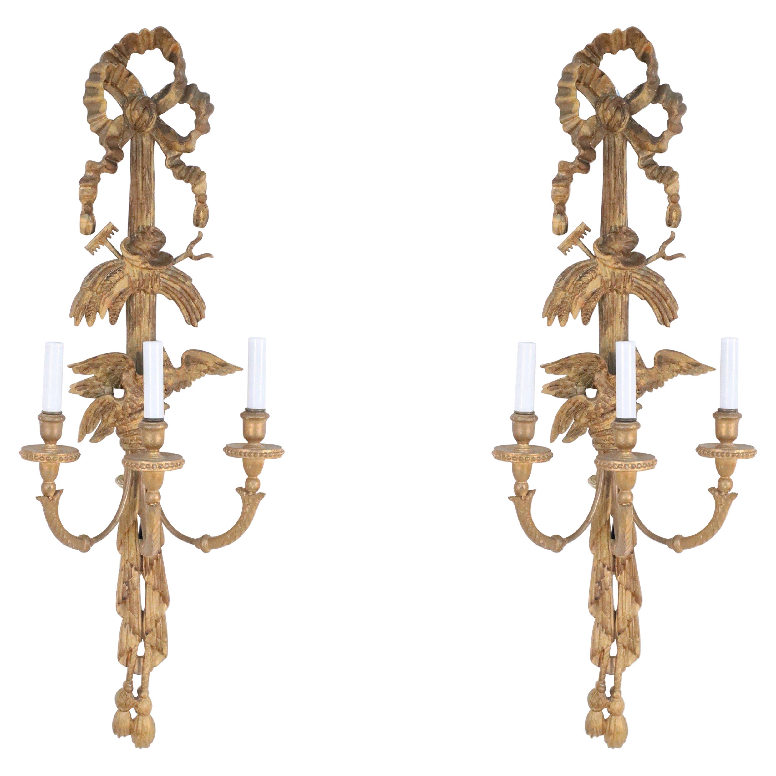 2 Pairs of Louis XVI Style Carved 3-Arm Bow Top Giltwood Sconces For Sale