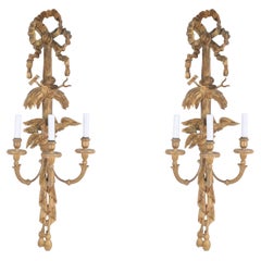 2 Pairs of Louis XVI Style Carved 3-Arm Bow Top Giltwood Sconces
