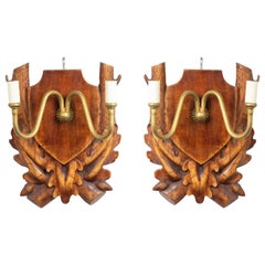 Pair of Rustic Black Forest Wood and Brass Wall Sconces