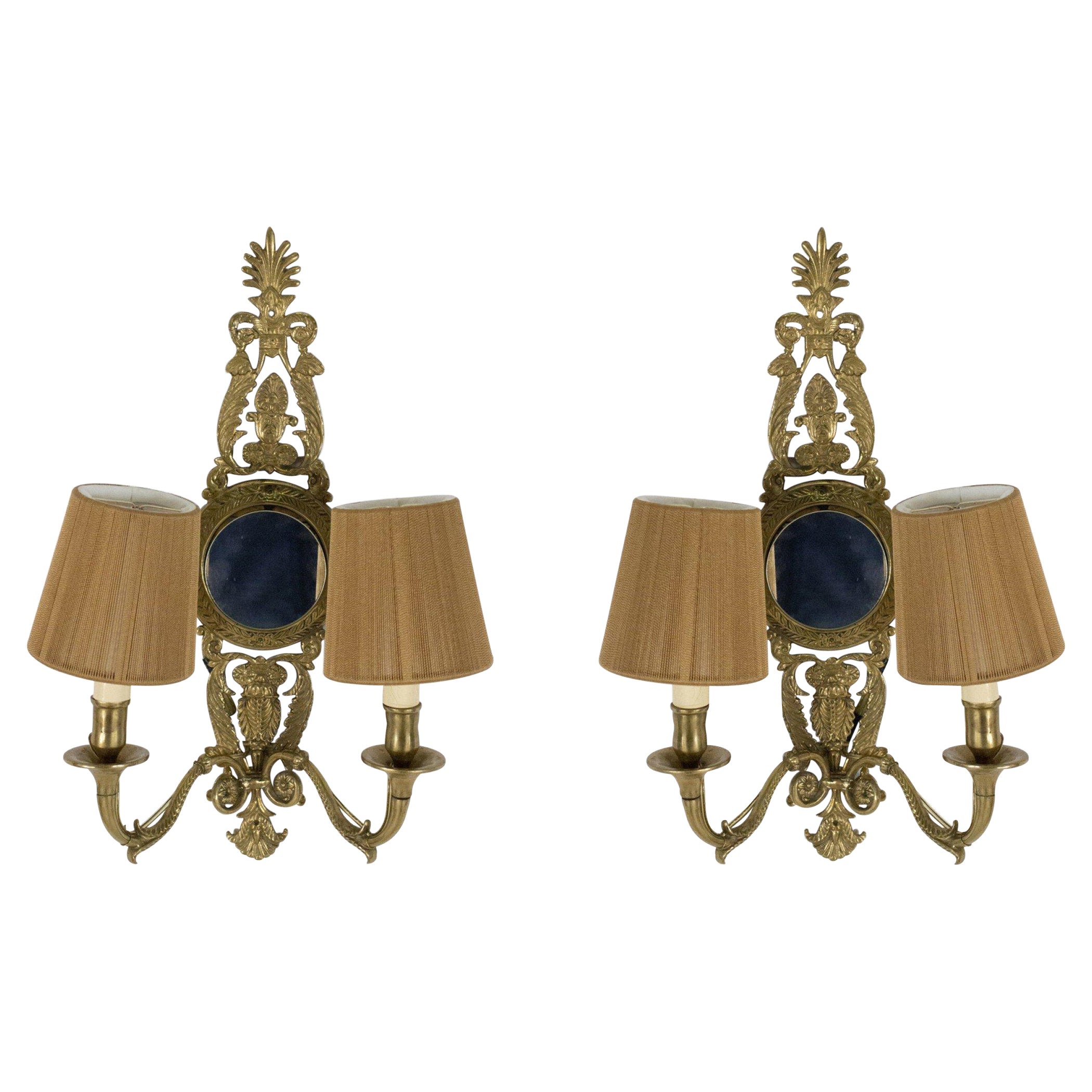 Set of 4 French Mid-Century Brass Mirrored Two Arm Wall Sconces For Sale
