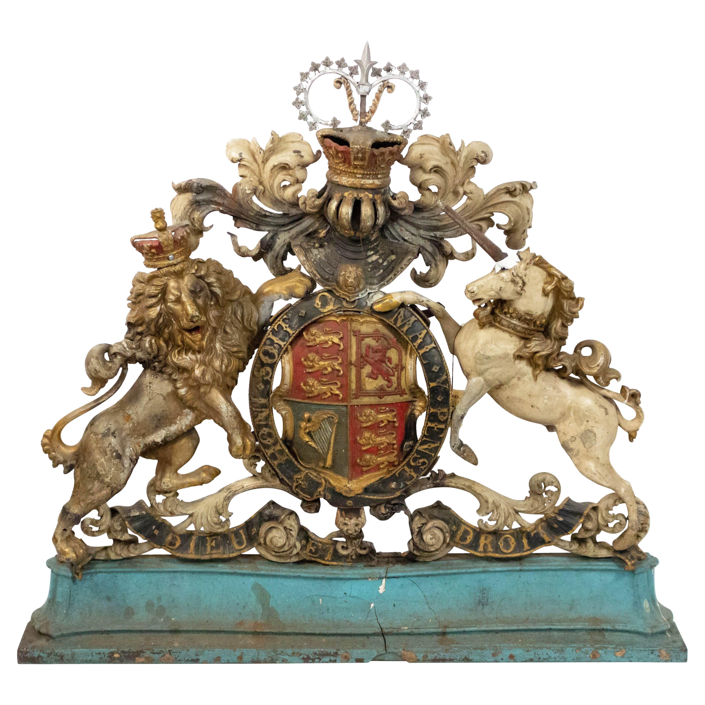 19th Century English Georgian Unicorn and Lion Coat of Arms For Sale