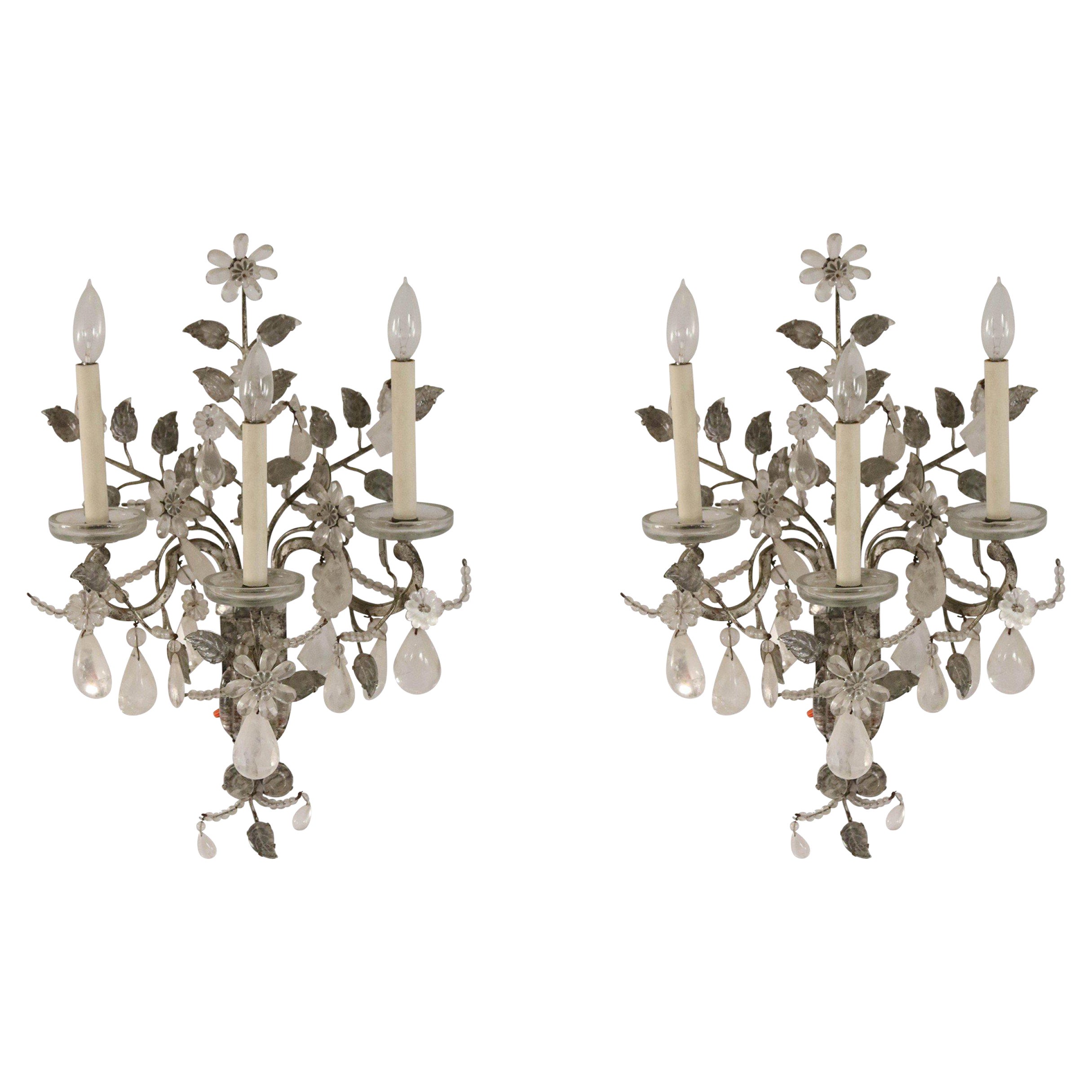 Pair of French Victorian Metal Leaf and Floral Crystal Wall Sconces For Sale