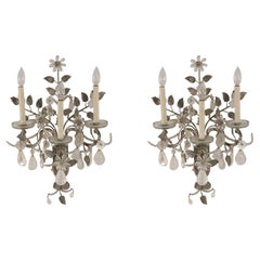 Pair of French Victorian Metal Leaf and Floral Crystal Wall Sconces