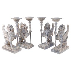 2 Pairs of Neo-Classical Style Carved Chimera Form Candle Holders / Bookends