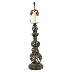 Antique Chinese Style Black Iron Filigree Table Lamp