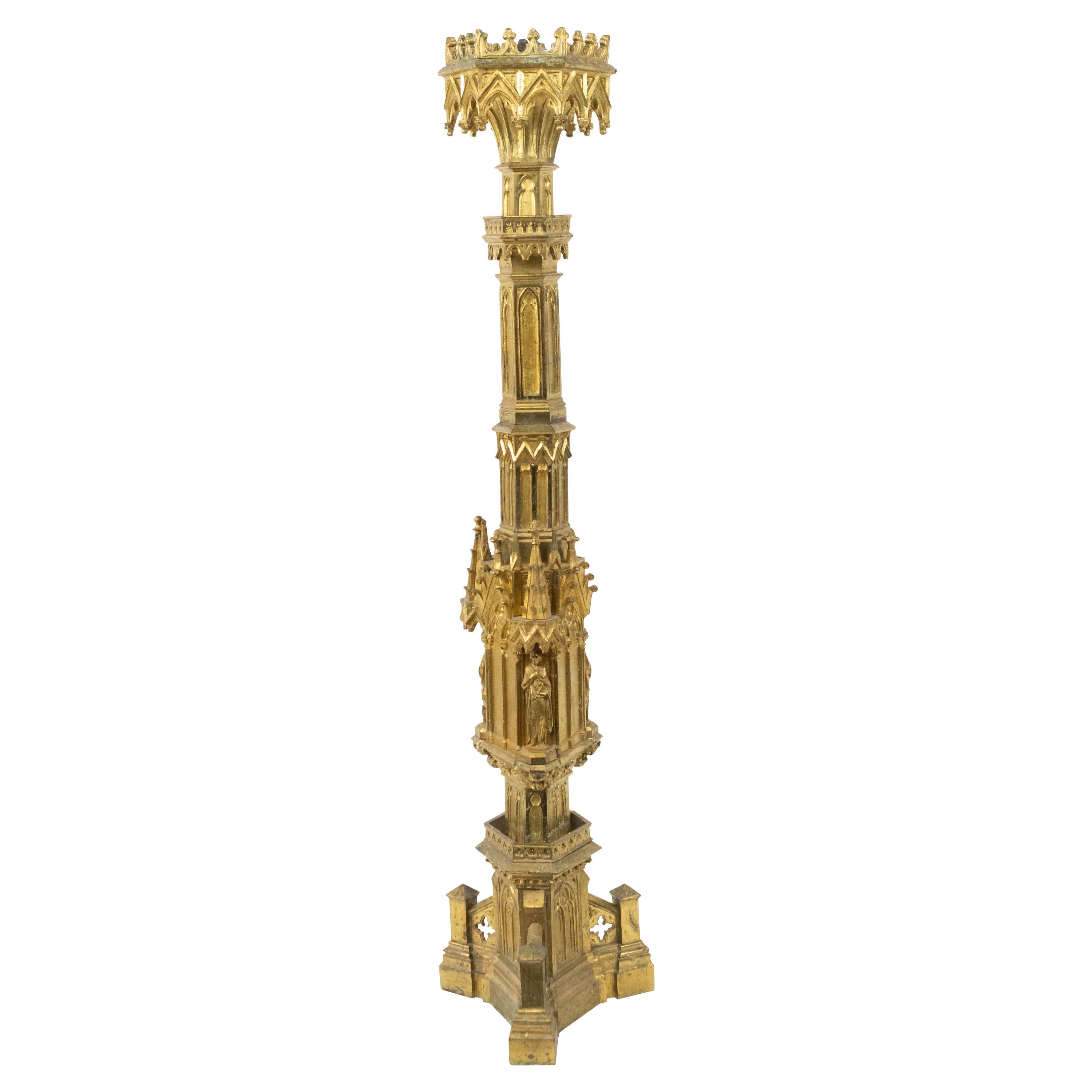 English Gothic Style Bronze Dore Altar Candlesticks For Sale