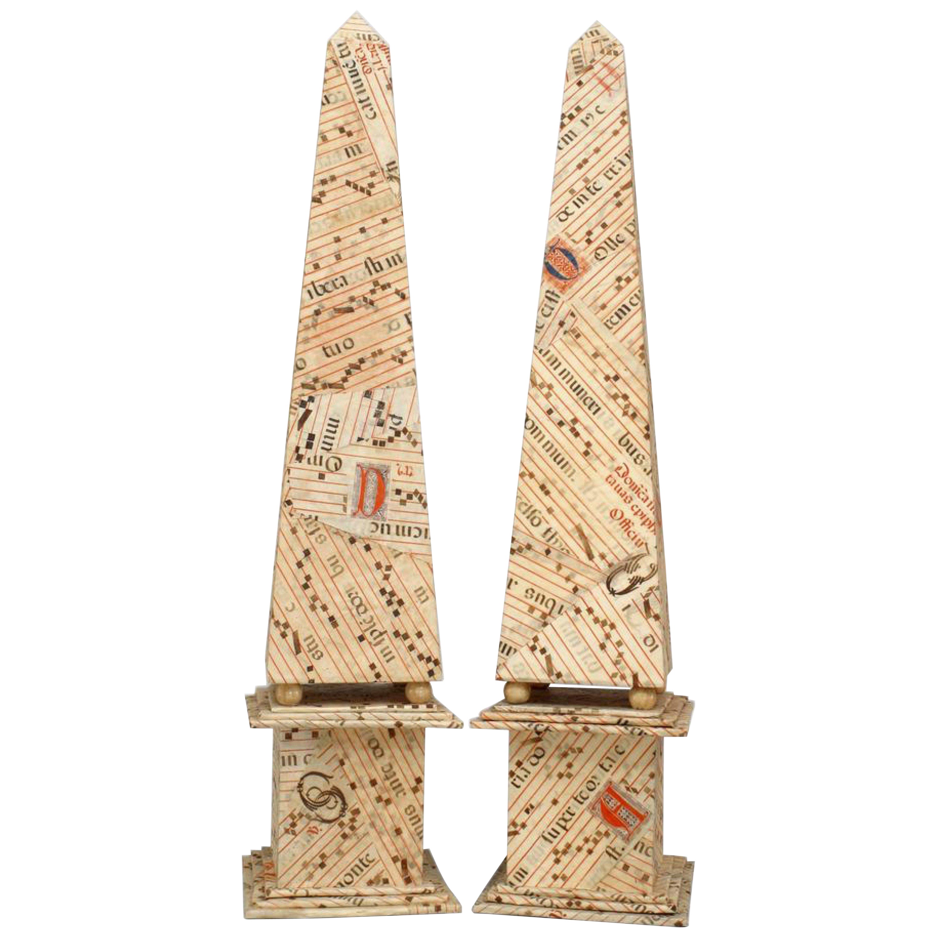 Pair of Antique French Sheet Music Veneered Obelisks For Sale