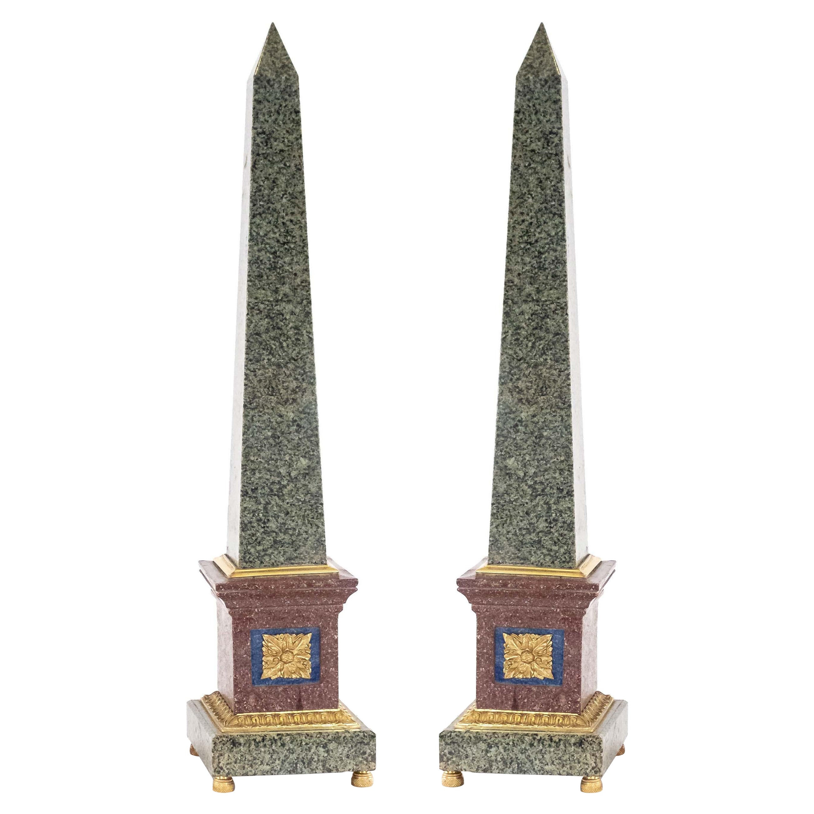 Pair of Grand Tour Style Bronze Mounted Hardstone Obelisks For Sale