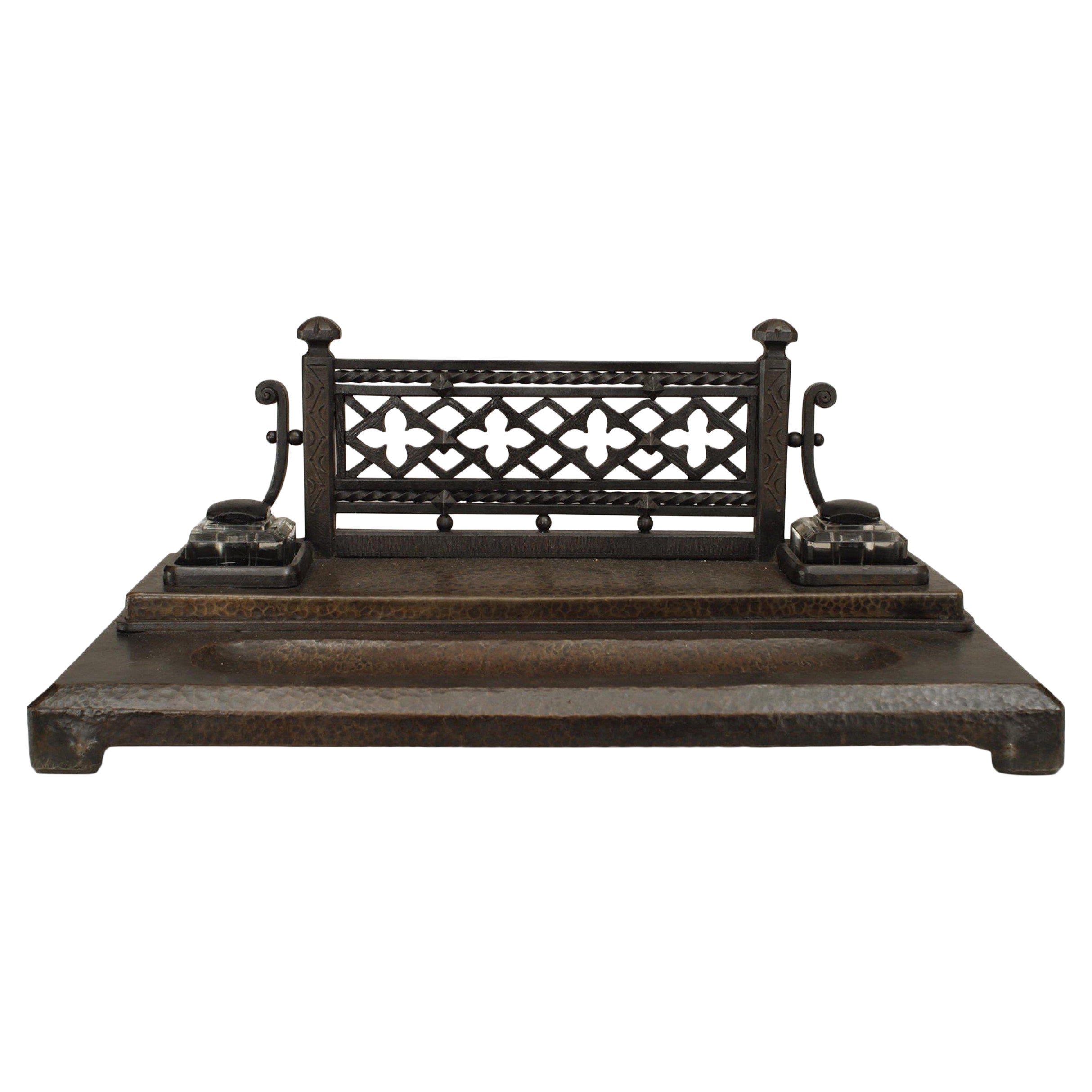 2-Piece Victorian Gothic Iron Double Inkwell Desk Set