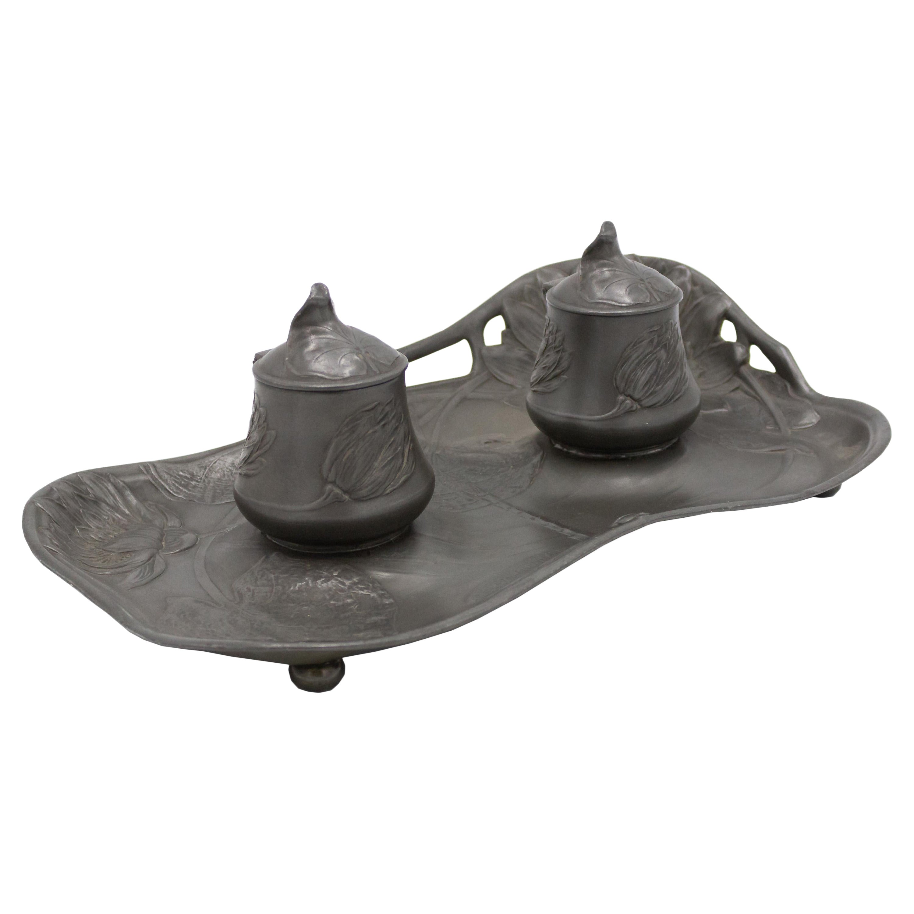 Art Nouveau Pewter Double Inkwell