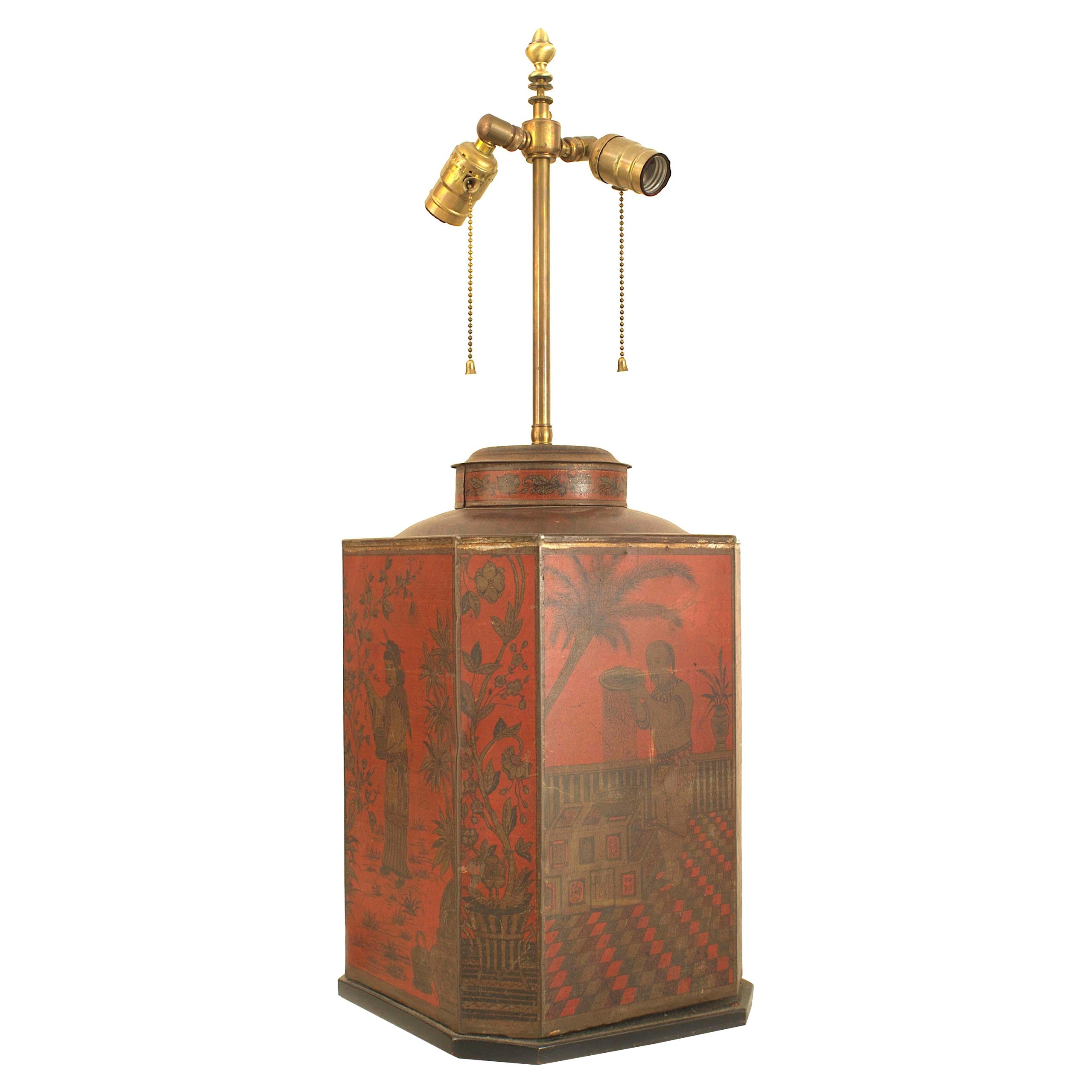 Englische Chinoiserie-Tischlampe im viktorianischen Stil aus rotem Zinn