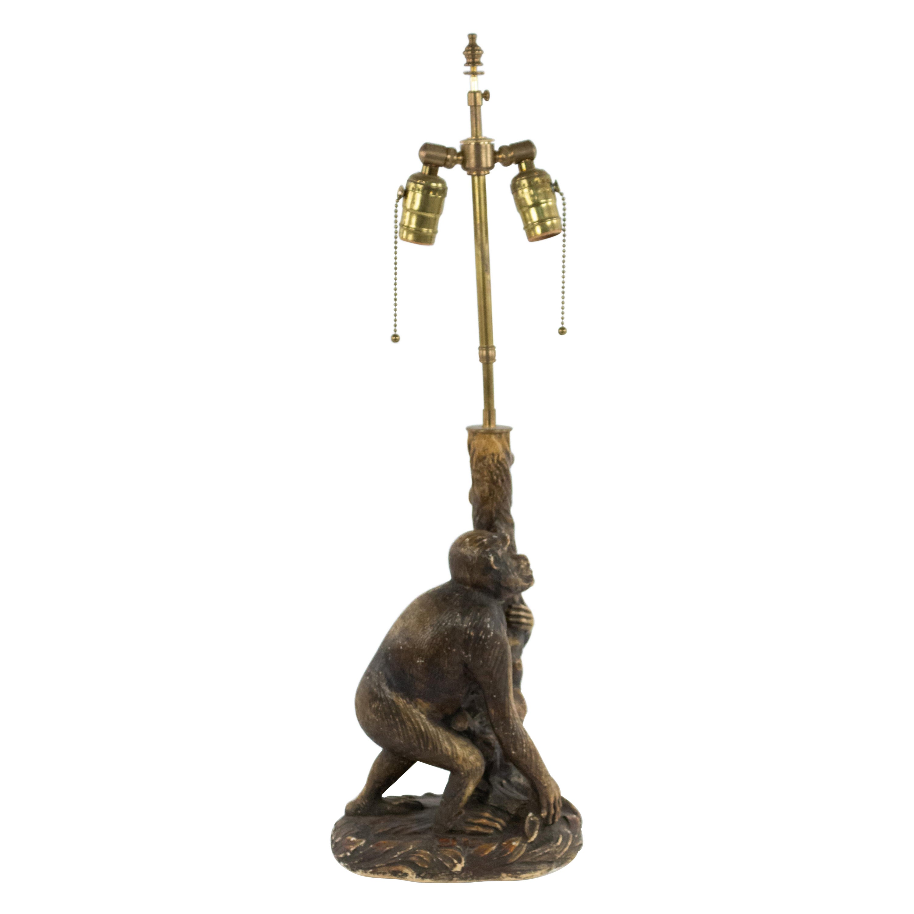 English Victorian Style Porcelain Monkey Table Lamp For Sale