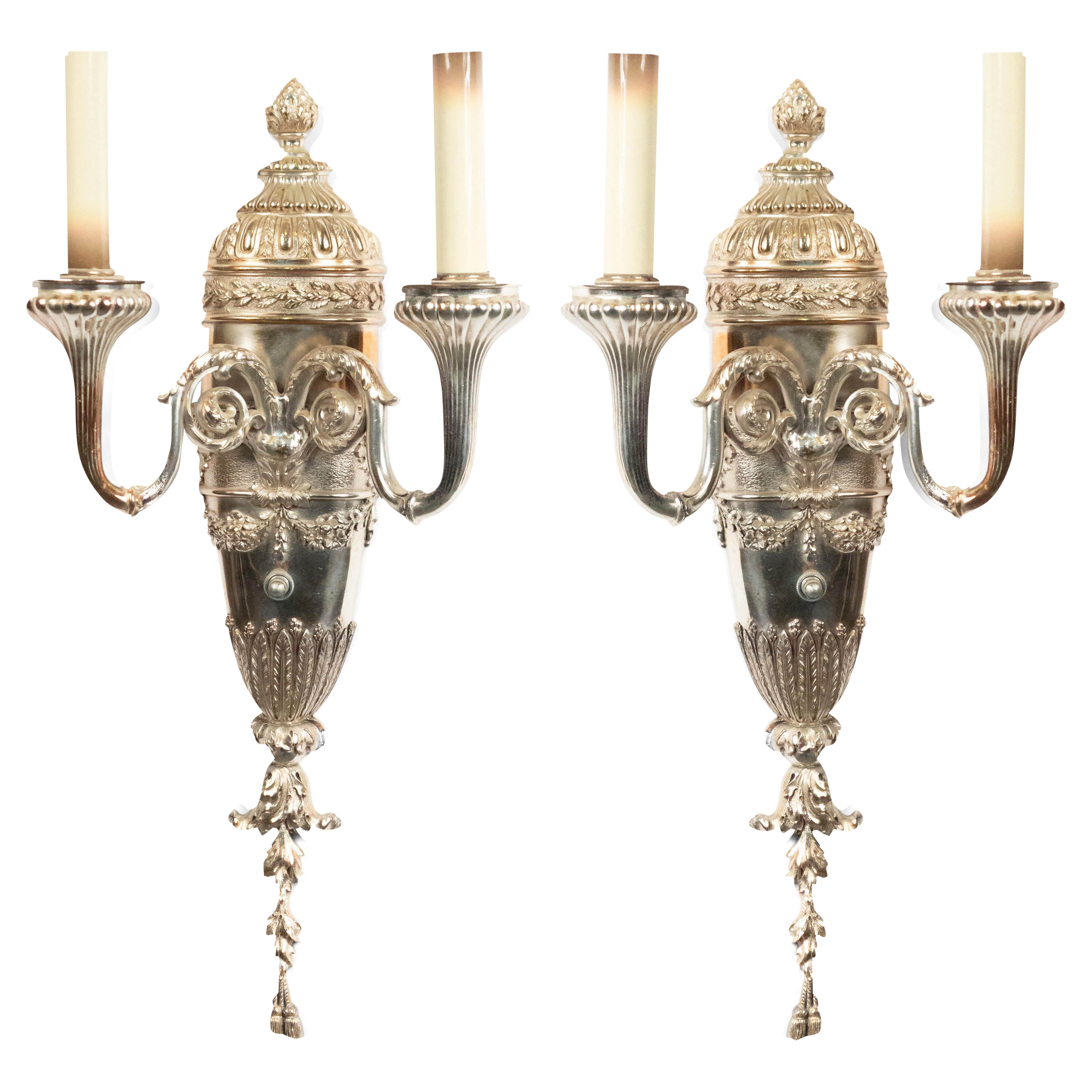 Pair of English Georgian Style Silver Plate Wall Sconces For Sale