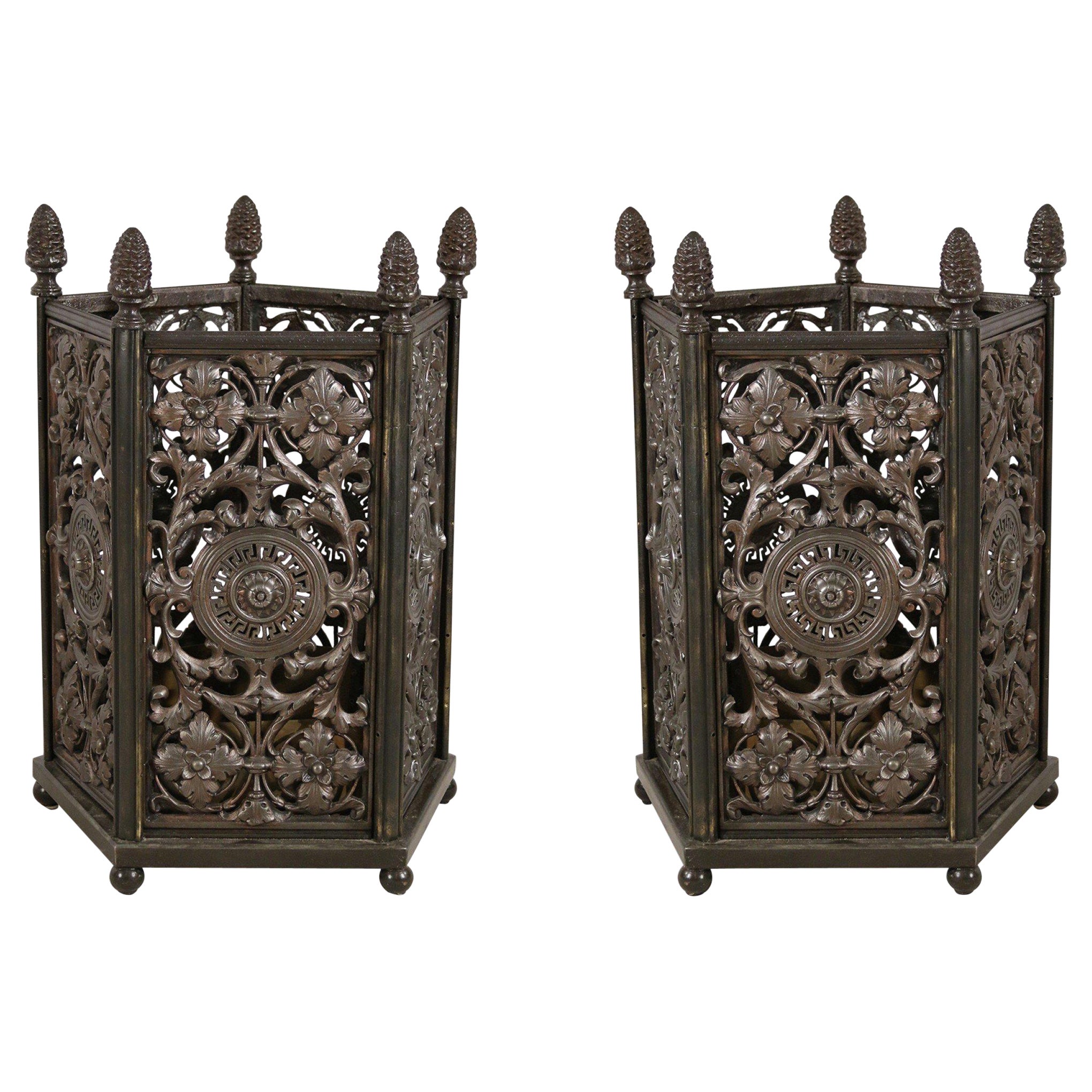 Pair of Italian Renaissance Style Metal Filigree Pentagonal Umbrella Stands