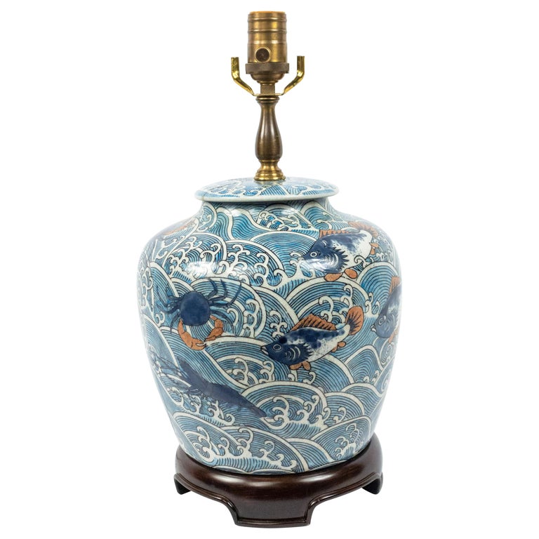 Chinese Blue and White Porcelain Table Lamp on Teak Base For Sale