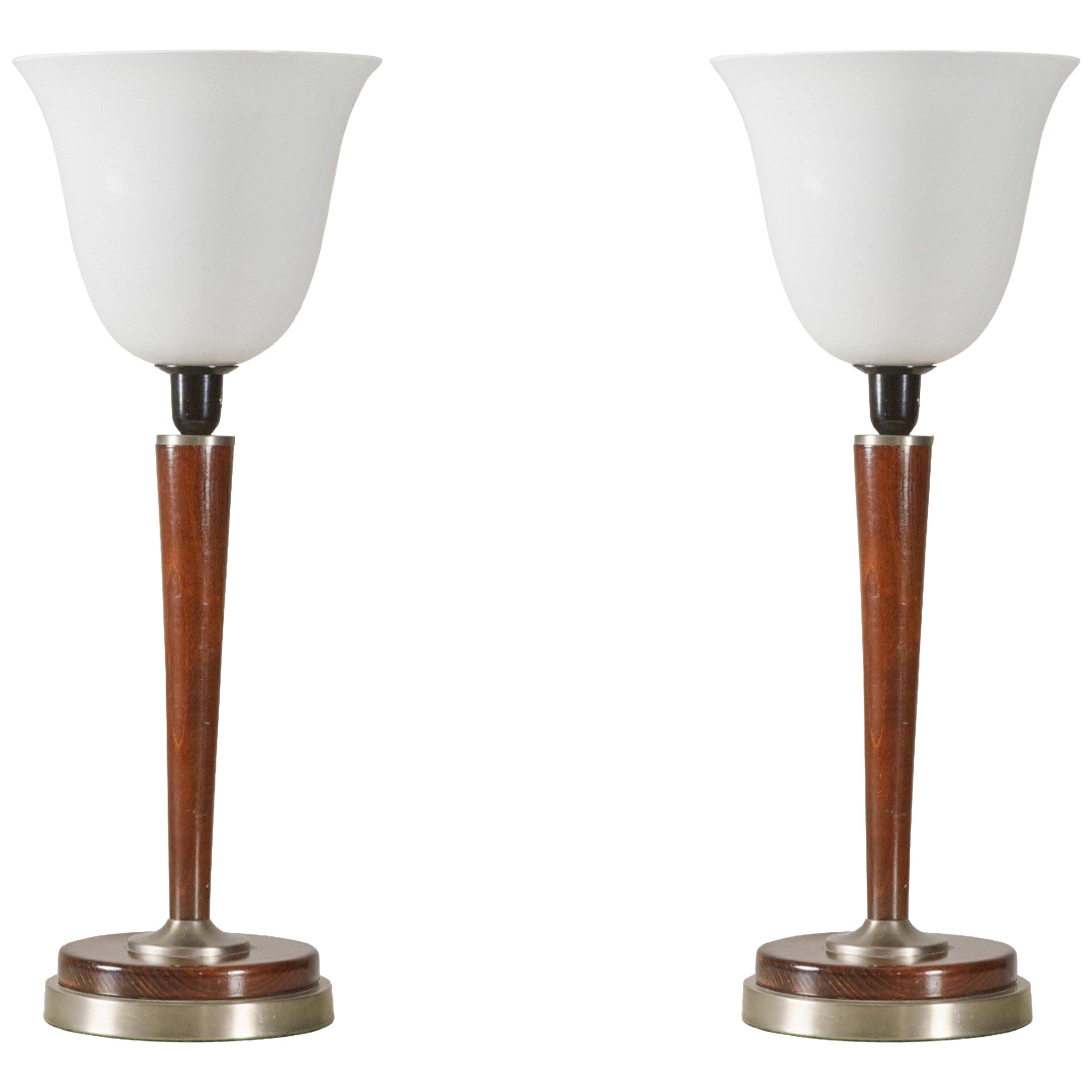 Pair of Art Deco Style Metal and Wood Table Lamps with White Glass Shades