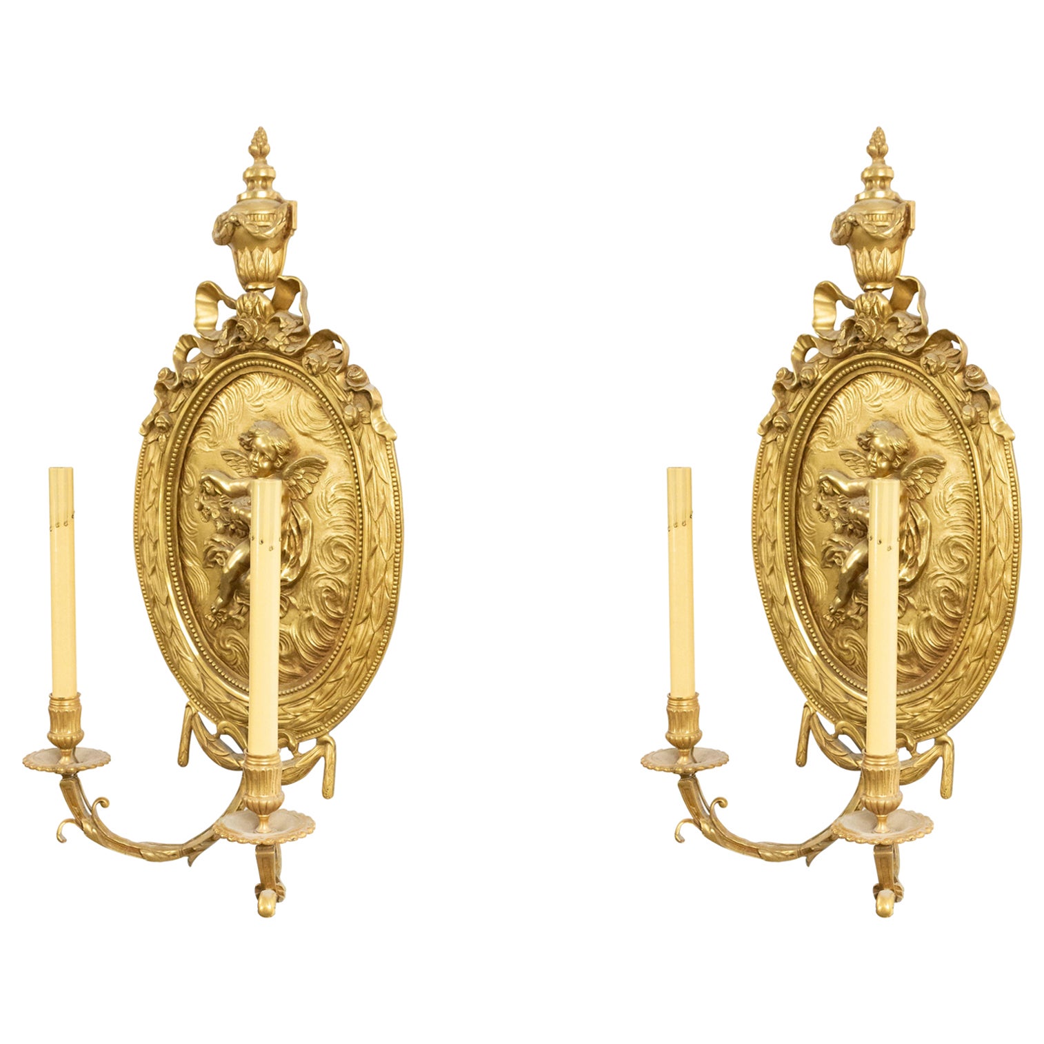 Pair of French Louis XV Style Bronze Dore Cupid Wall Sconces For Sale